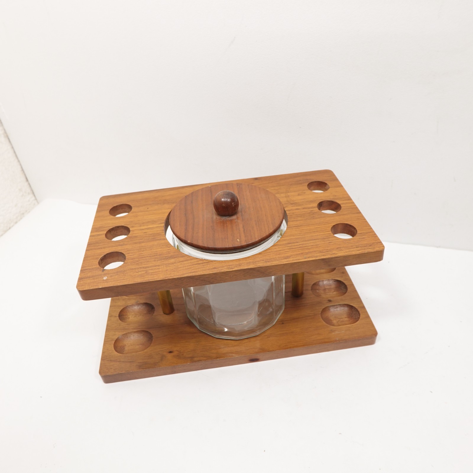 Vintage Wood Smoking Pipe Stand Rack w/ Glass Tobacco Jar & Lid Mid Century
