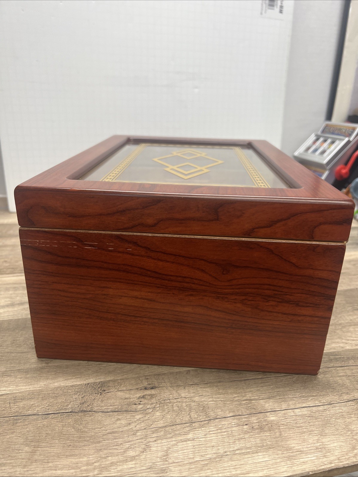 Bally II Cigar Humidor Wood Box, Beveled Glass Top, External Analog Hygrometer