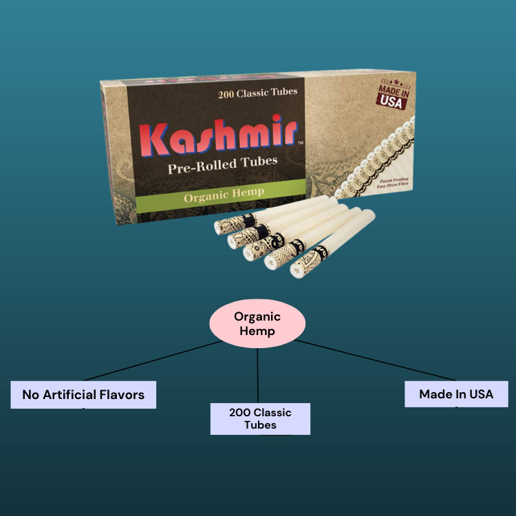 Kashmir Pre-Rolled USA Cigarete Filter Tubes Classic Organic Hemp 200ct- 10 Pack