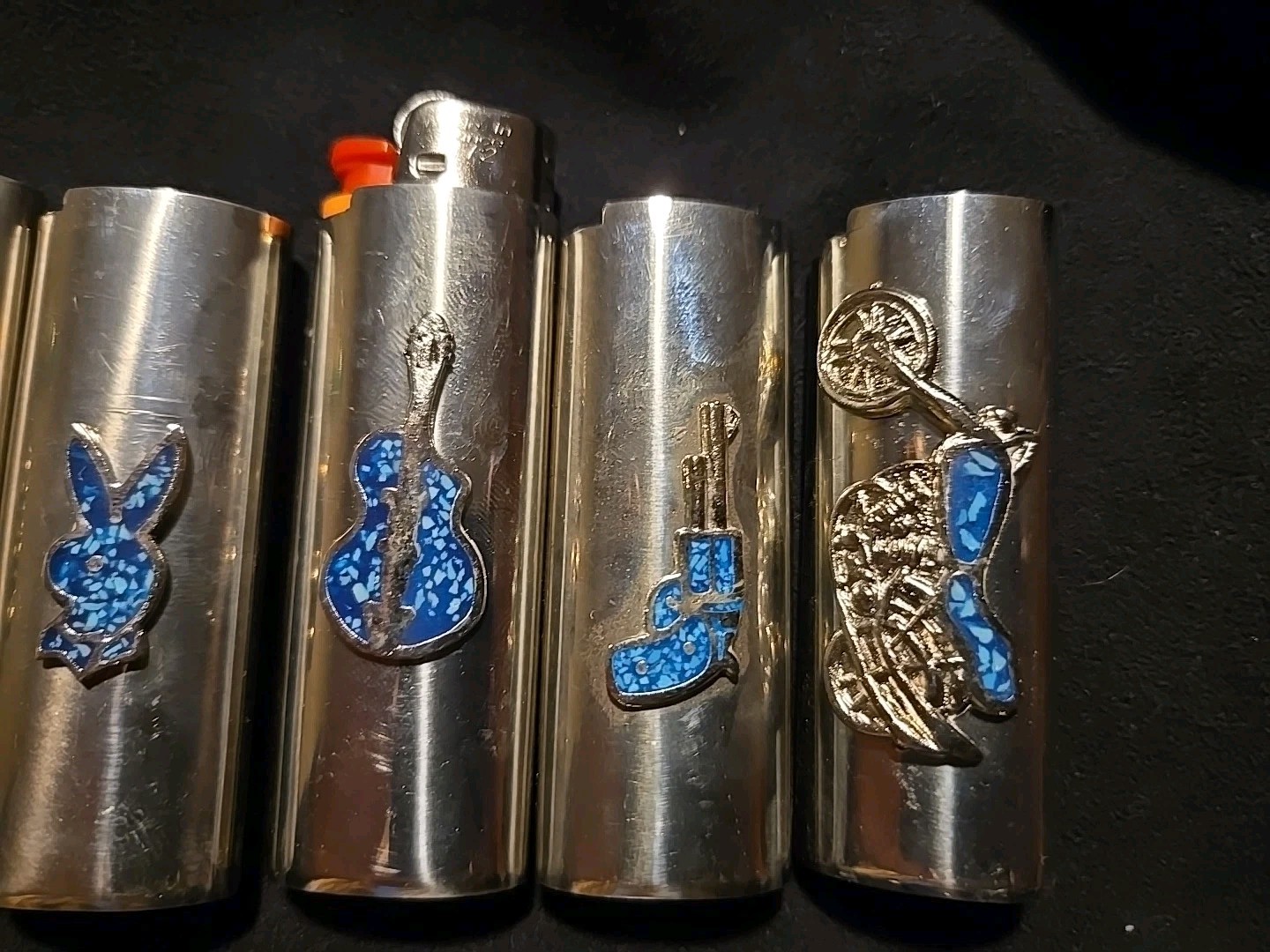 Vtg Lighter Case Lot Gun Motorcycle Playboy Bunny Cover Holder Turquoise for Bic