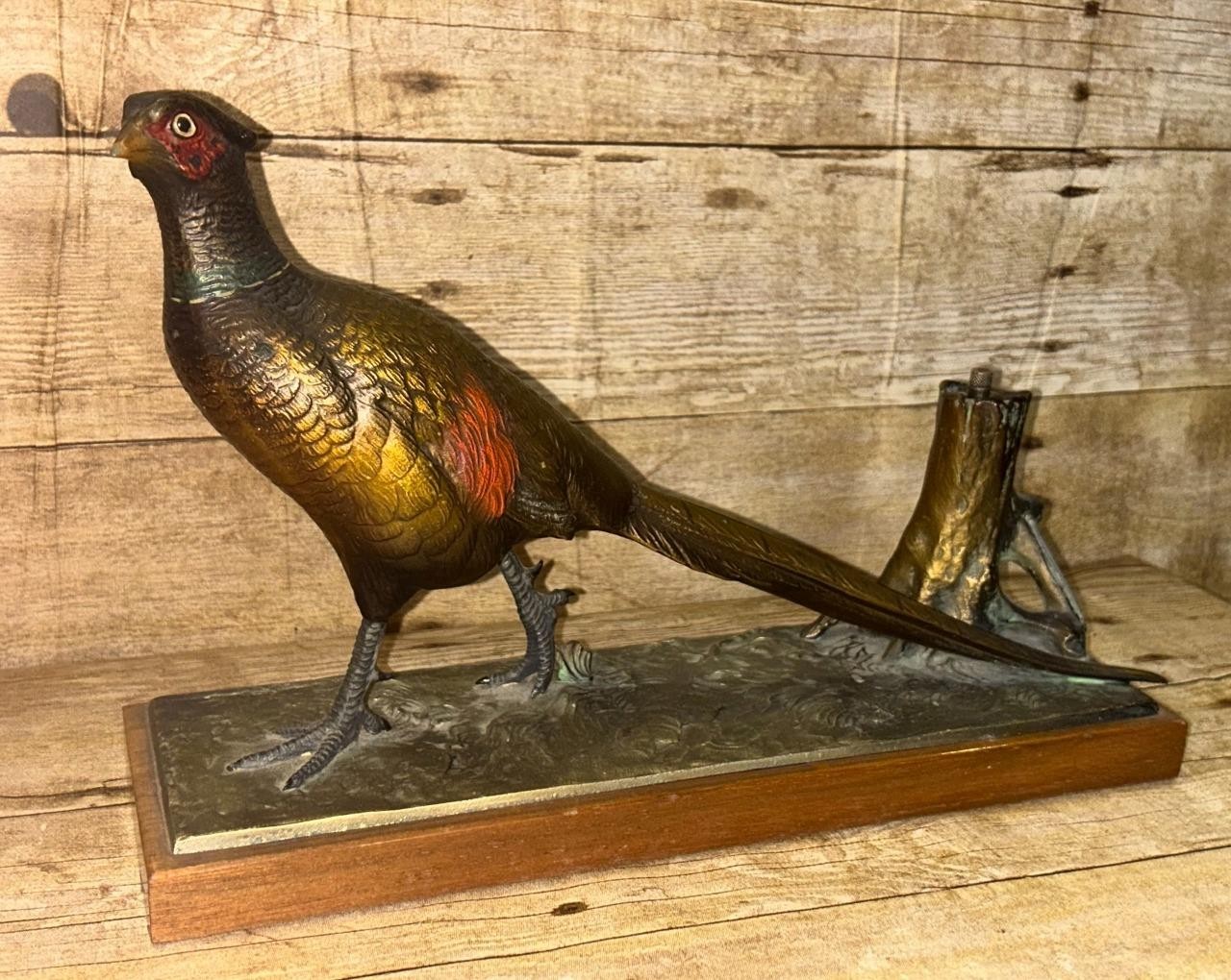 Vintage Large Austrian Cold Painted Spelter Pheasant Table Lighter Match Striker