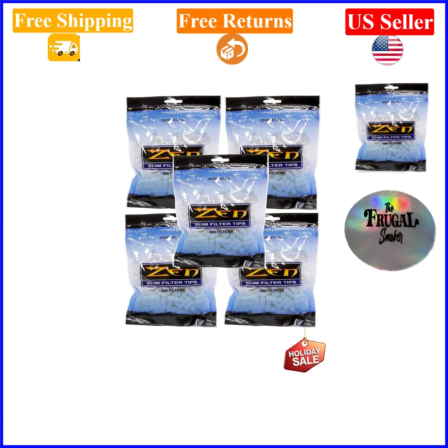 5 Bags Slim Size Cigarette Filters 200/Bag, 1,000 Total, Plant-Based Paper