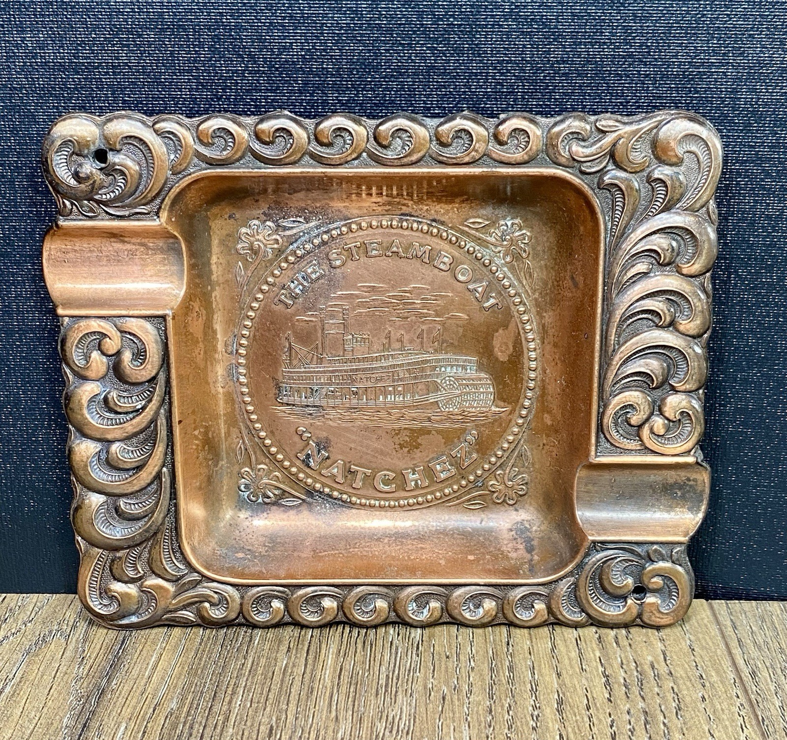 Vintage ~ The Steamboat Natchez ~ Solid Copper Ashtray ~ 2 Slot ~ Heavy 6.7 oz