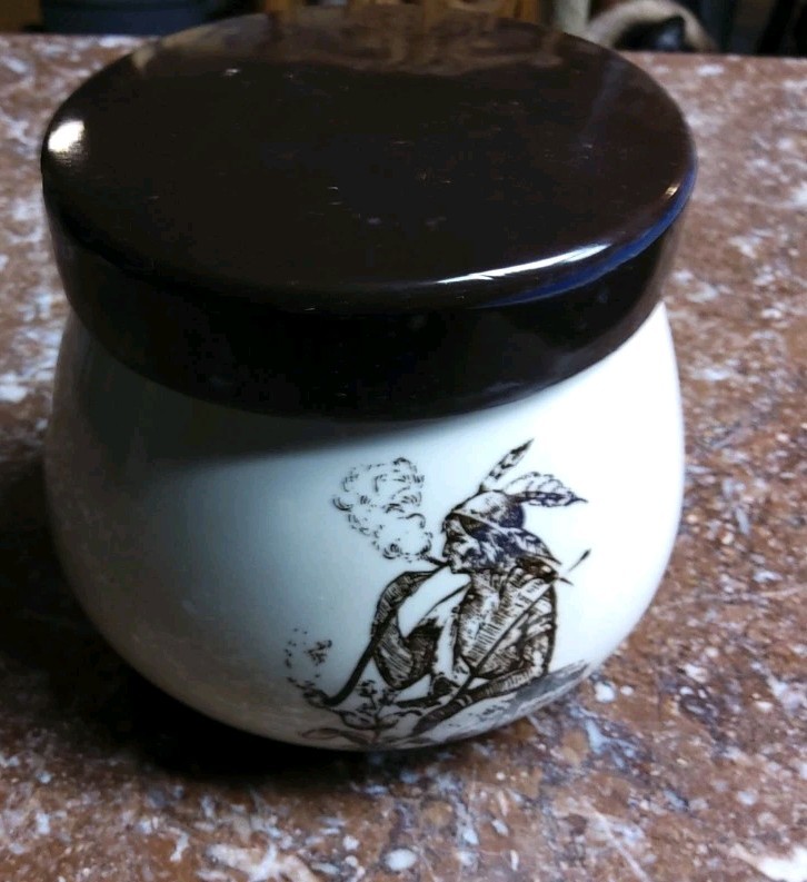 Vintage Tobacco Jar, Humidor, Ceramic With Native American Theme