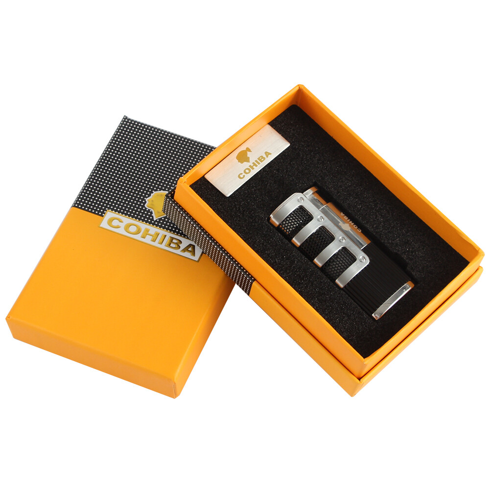 Cigar Lighter 3 Torch Jet Flame Windproof Metal Lighters w/ Cigar Punch Cohiba