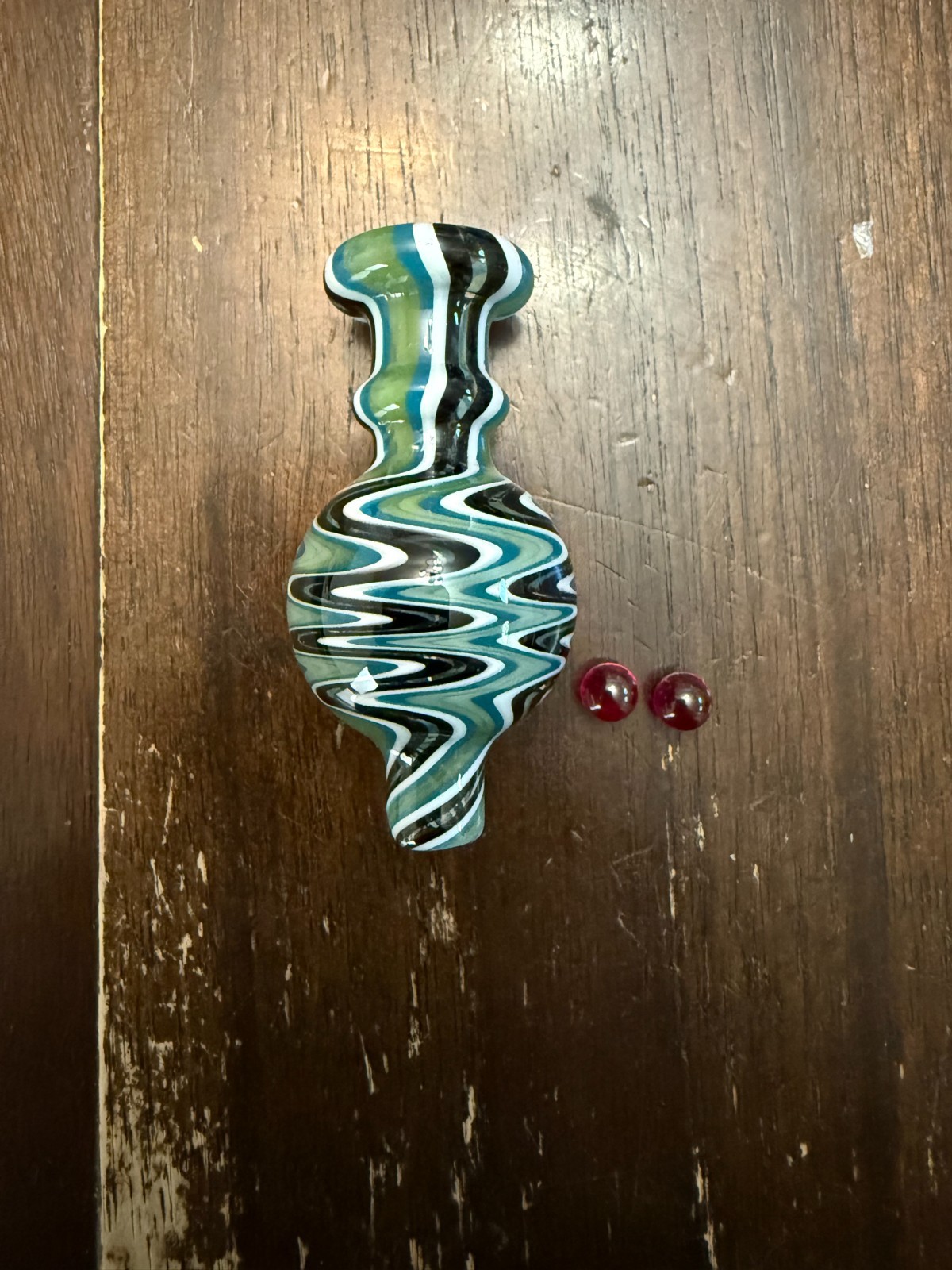 Glass Airflow Directional Bubble Bowl Cap Wide 25mm Wig Wag w/ Ruby Beads