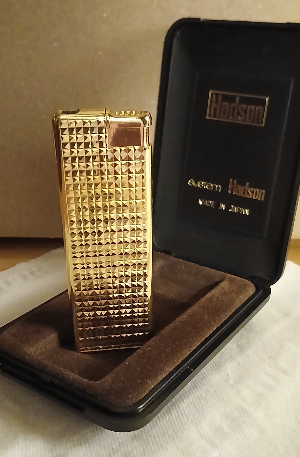 Vintage Hadson System Gold Refillable Butane Lighter Near Mint In Original Box