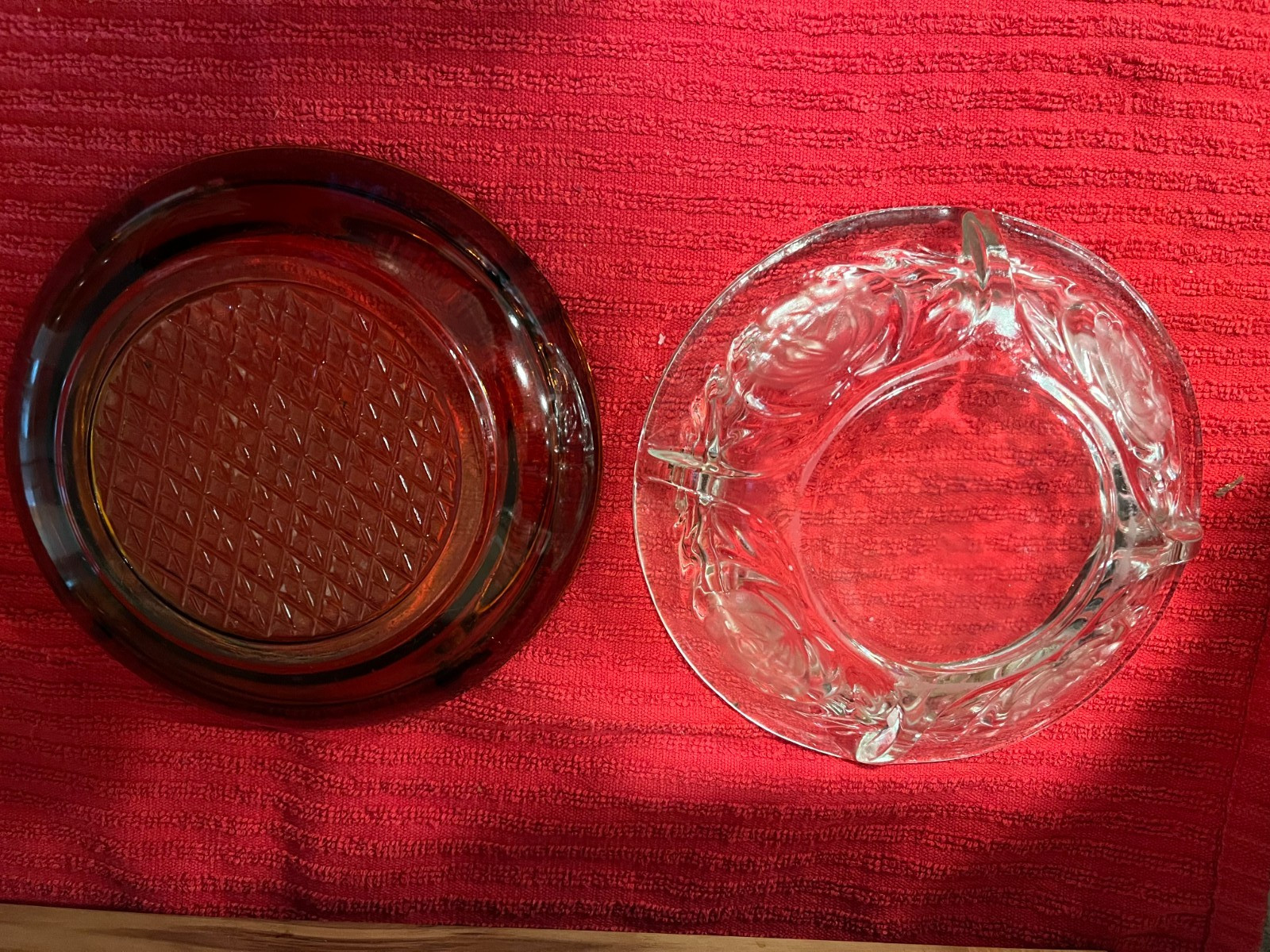 Vintage Heavy Amber Brown Glass Ashtray Round 6” ~ 4 Slot + Clear w/ chips