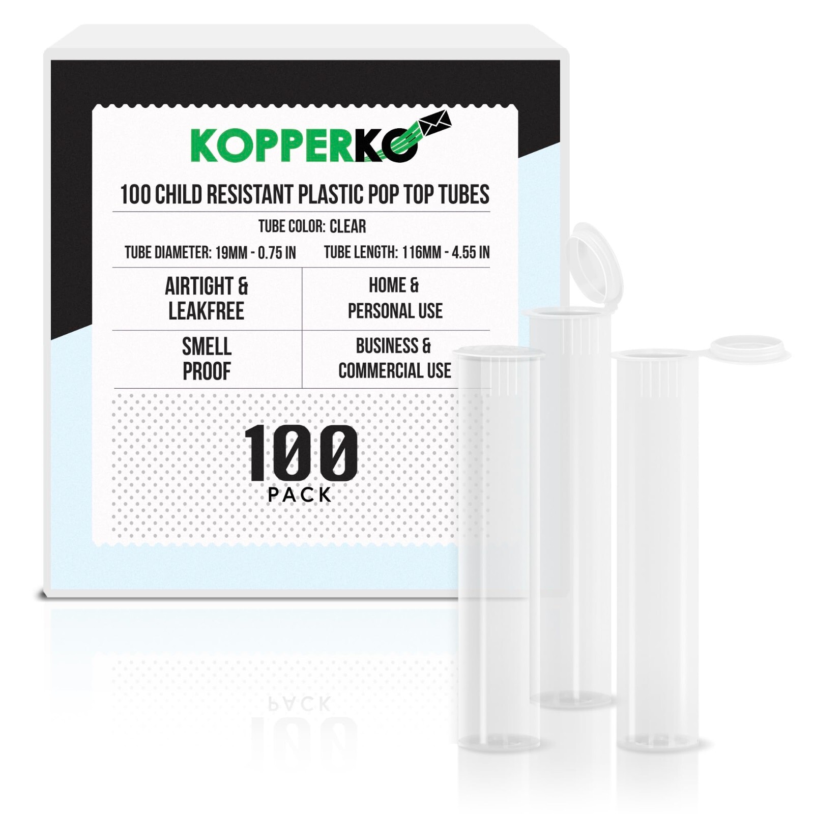 Kopperko 100 Pack 116mm Plastic Pop Top Tube – Child Resistant – Clear
