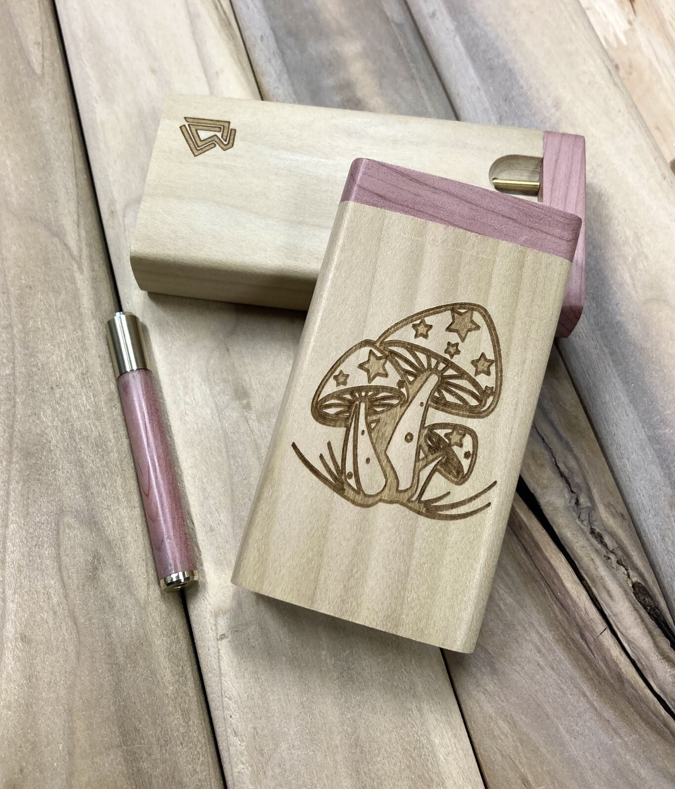 Mushroom Engraved 3.5″ Poplar Wood Dugout w Poker, Aromatic Cedar Lid & Pipe