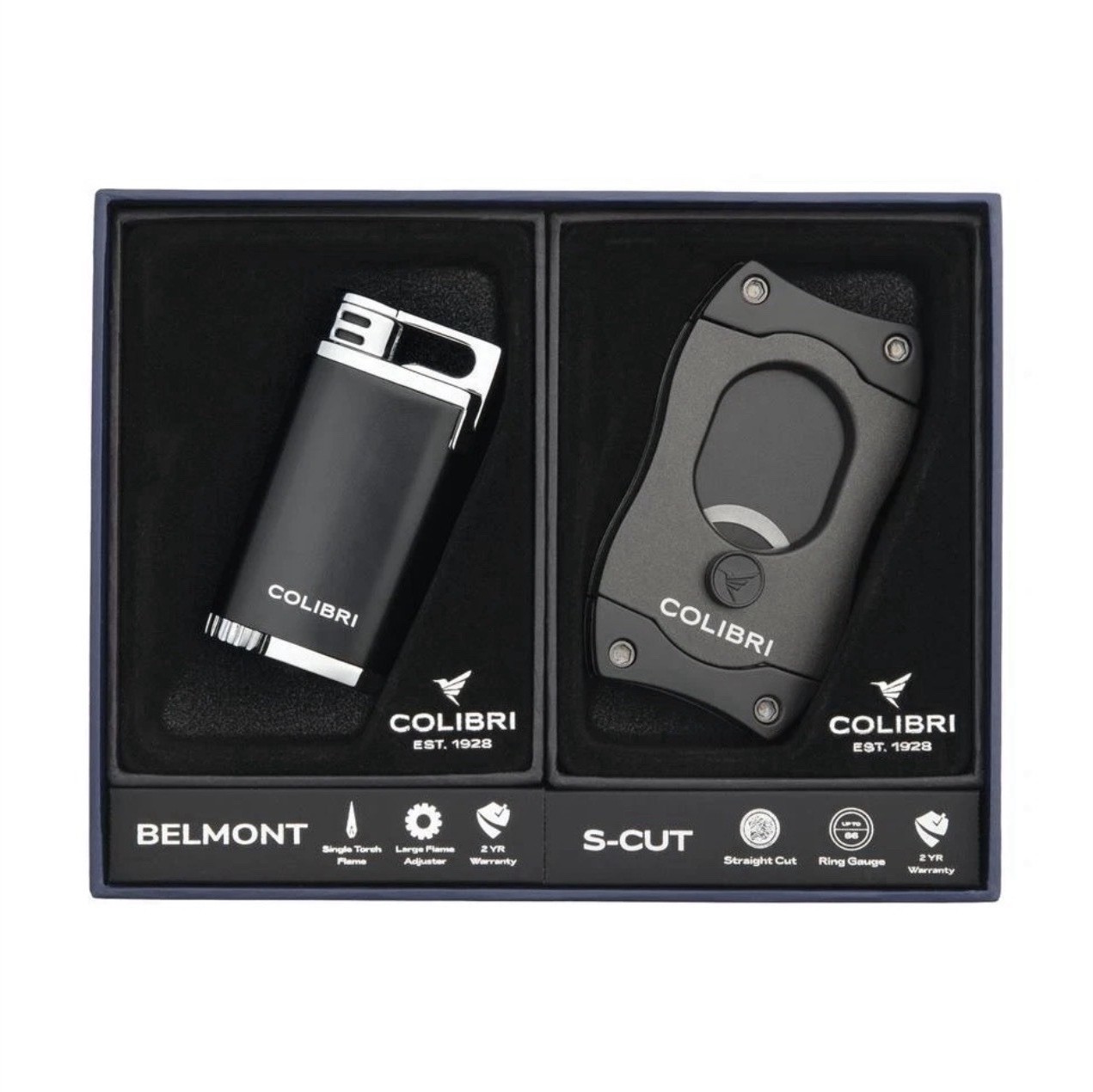 Colibri Belmont Single Torch Lighter & S-Cut Cigar Cutter Set Black