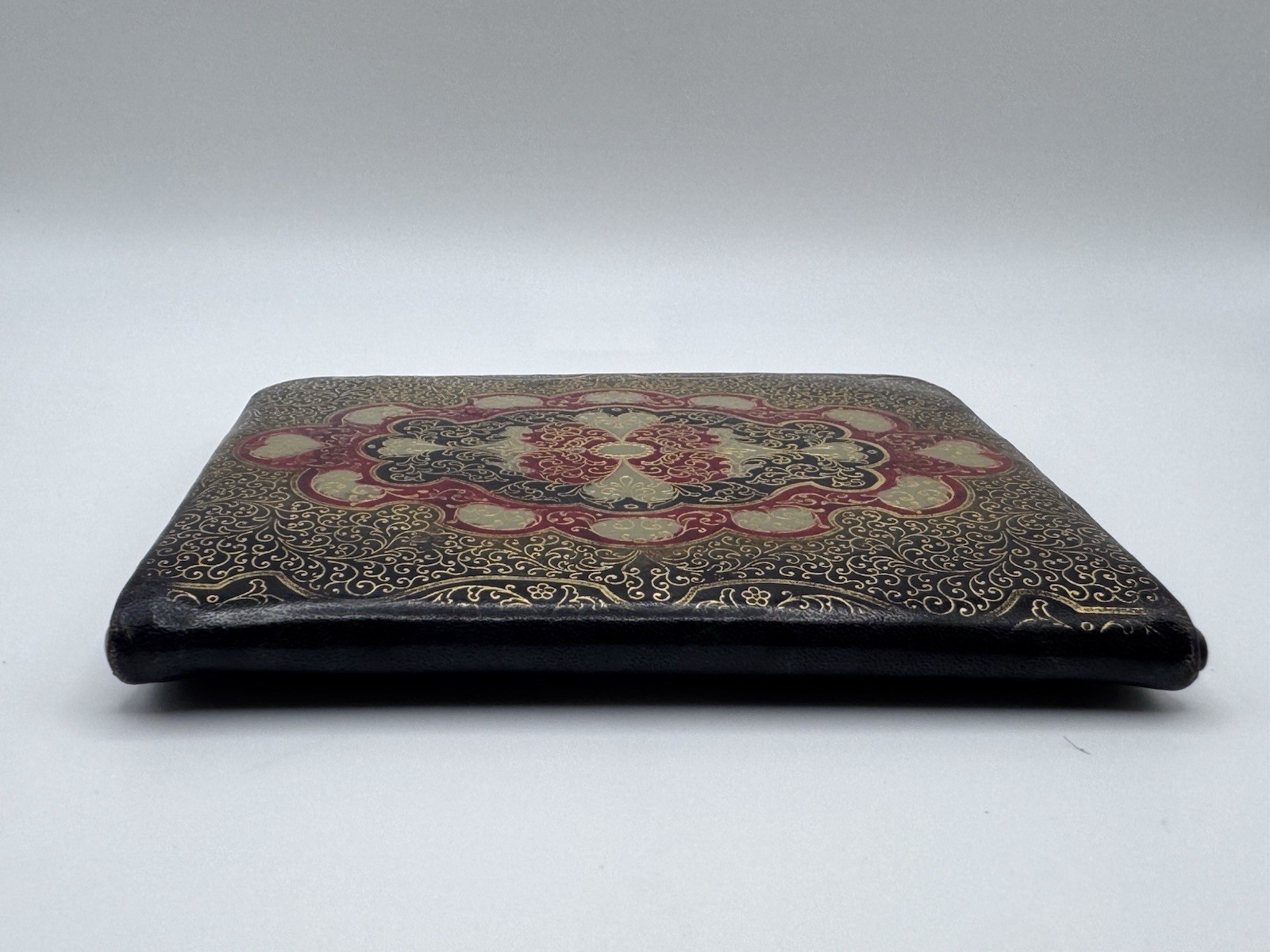 Vintage Leather Cloisonne Cigarette Case Wallet Blue Red Gold Floral Compact