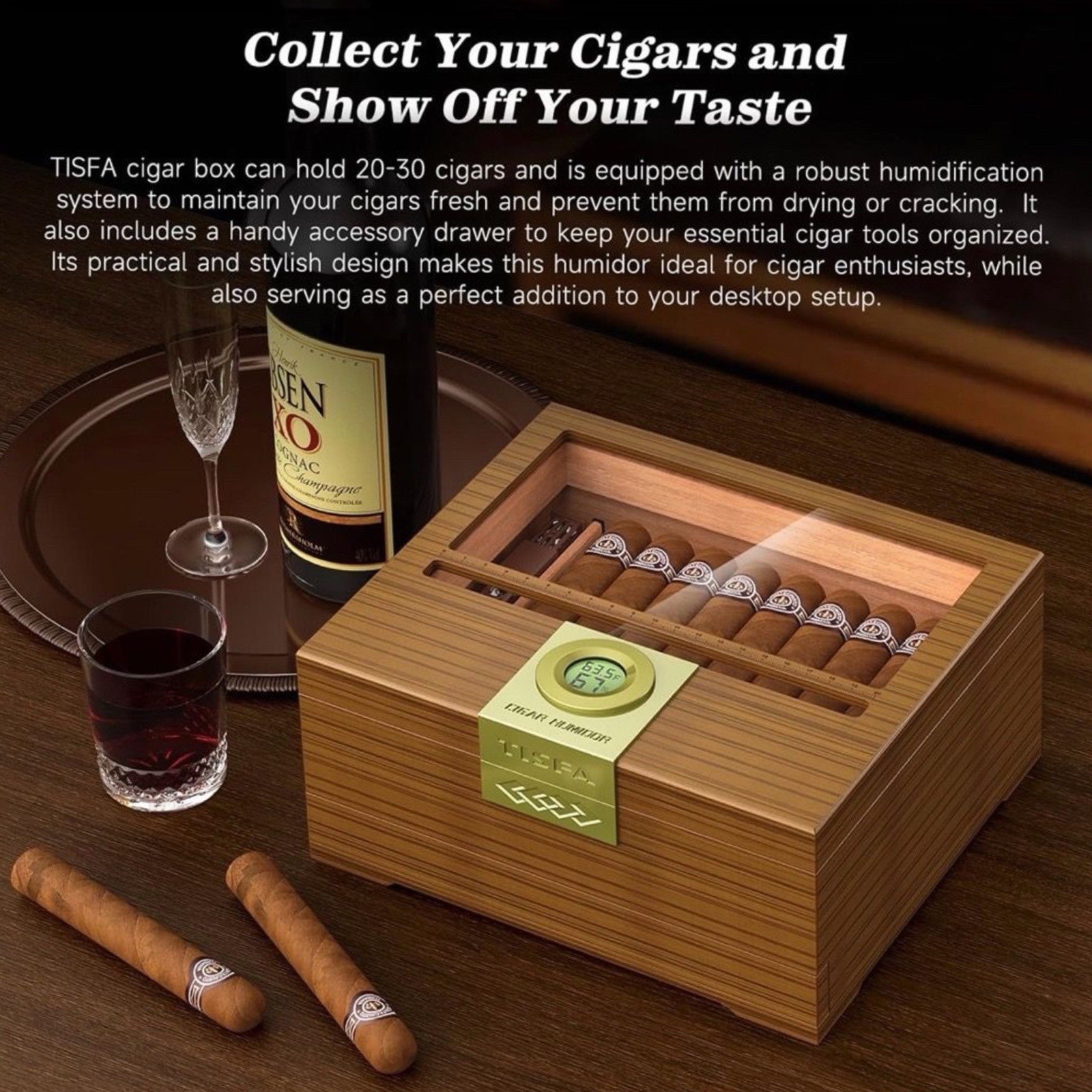 TISFA Cedar Wood Cigar Humidor Box with Digital Hygrometer & Glass Top