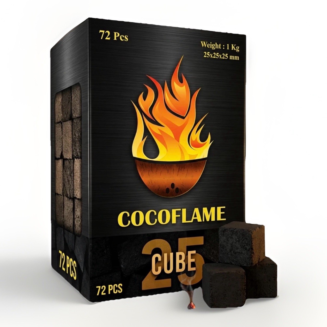 Coconut Shell Hookah Charcoal 72pc 2.2LB Cube 25mm Natural Shisha Coal Low Ash