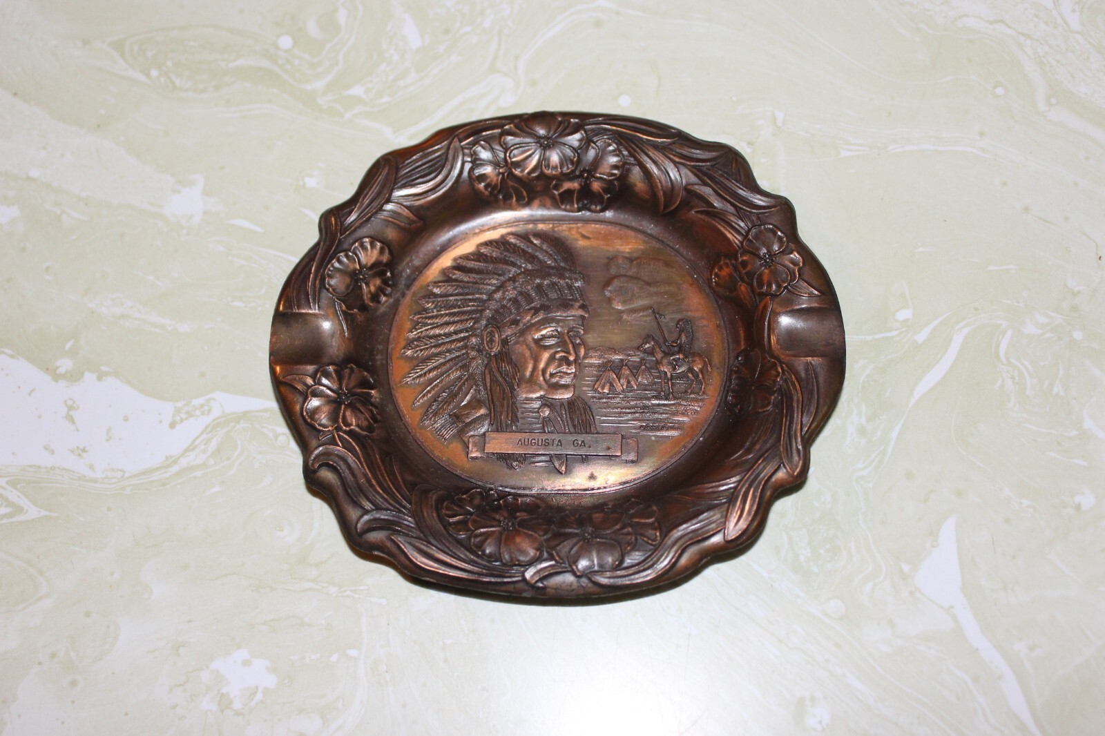 VINTAGE POT METAL ASHTRAY FROM AUGUSTA, GEORGIA. NATIVE AMERICAN CHIEF