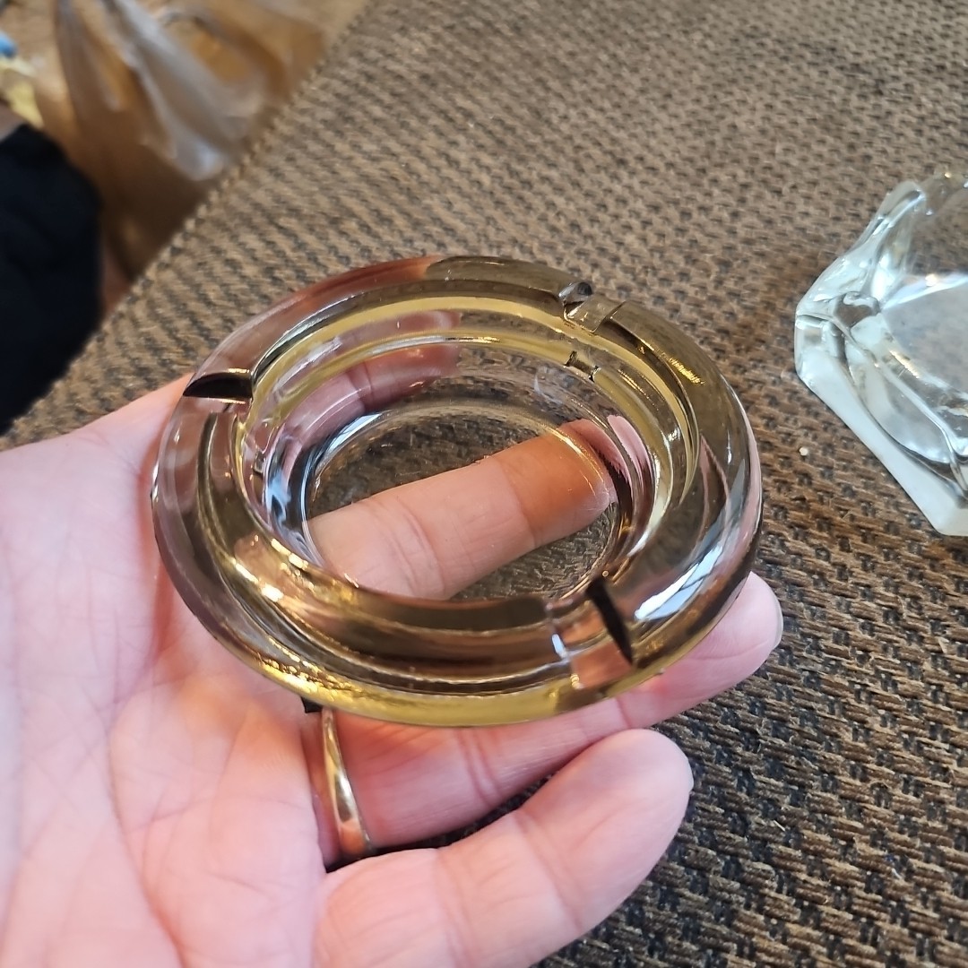 LOT OF 2 VINTAGE GLASS ASHTRAYS Amber Clear 4″ Round Thick 6 Sided