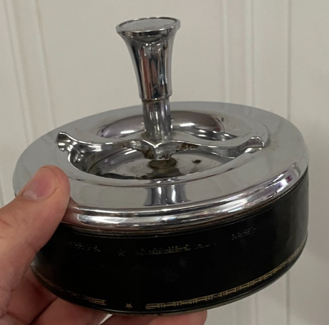 Original Vintage Mid Century Chrome & Black Spinning Ashtray Rare Home Decor