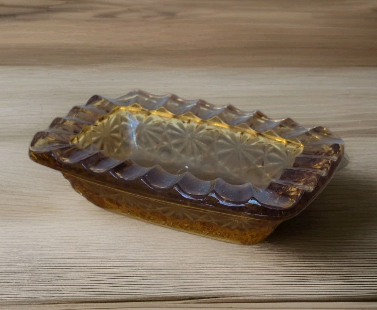 Vintage LE Smith Amber Daisy & Button Carnival Glass Ashtray 🚬