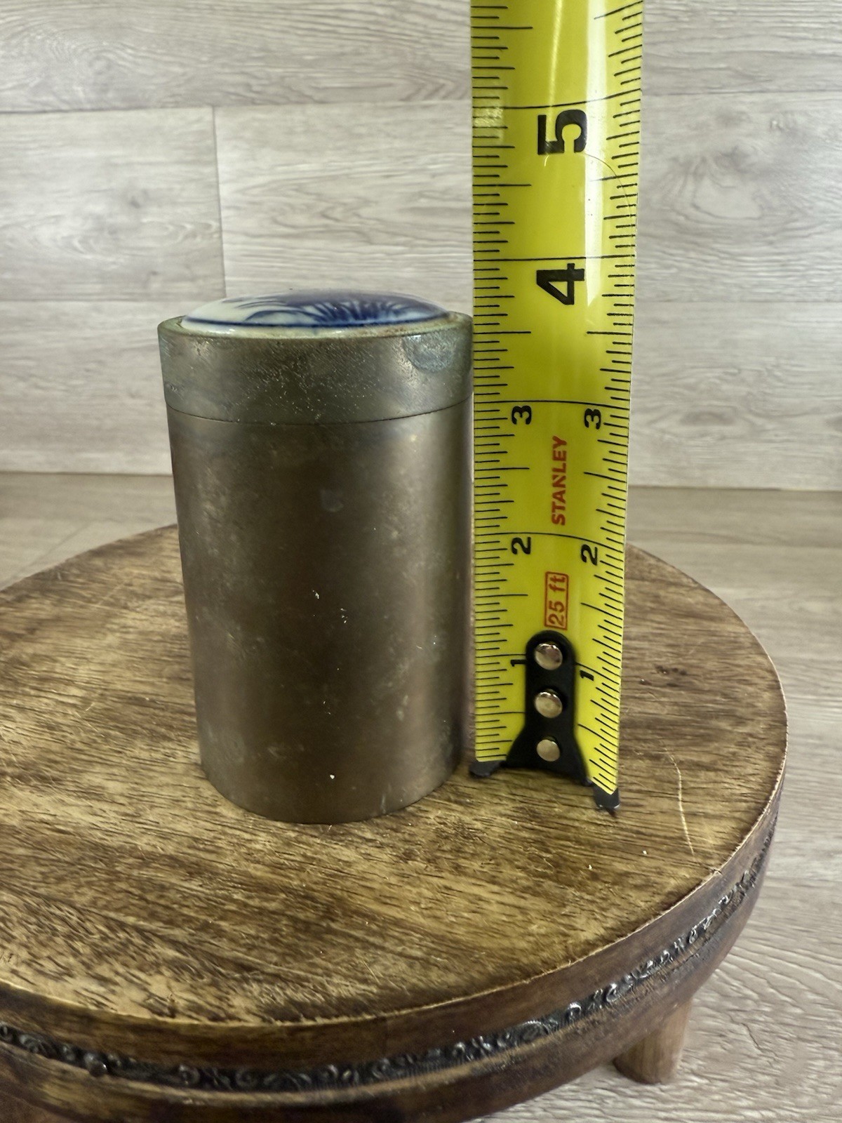Vintage Brass Snuff Tobacco Jar with Hand Painted Blue Floral Delft Lid 3.5”
