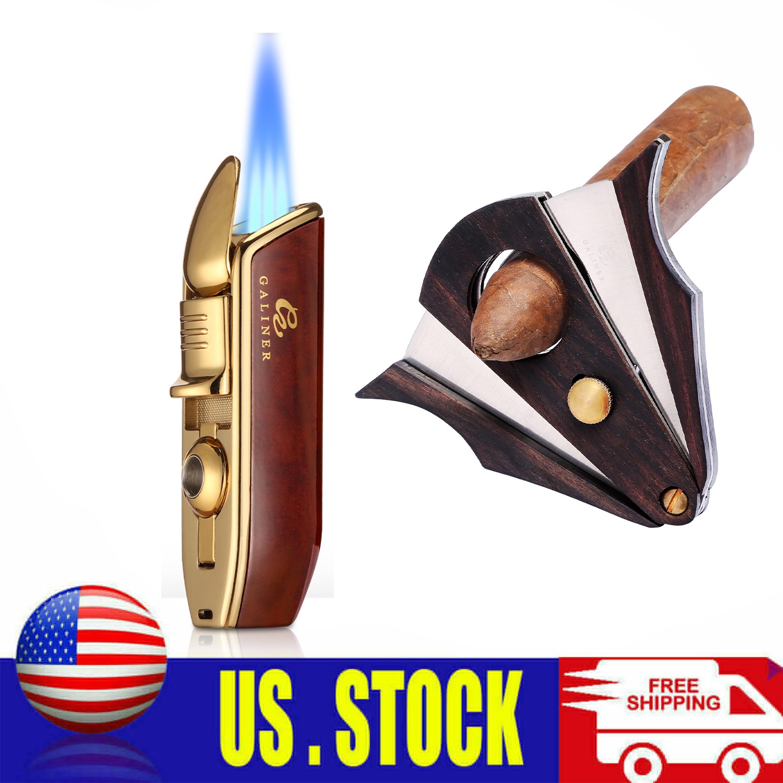 Galiner Windproof 3 Jet Torch Cigar Lighter Flame & Sharp Cigar Cutter Portable