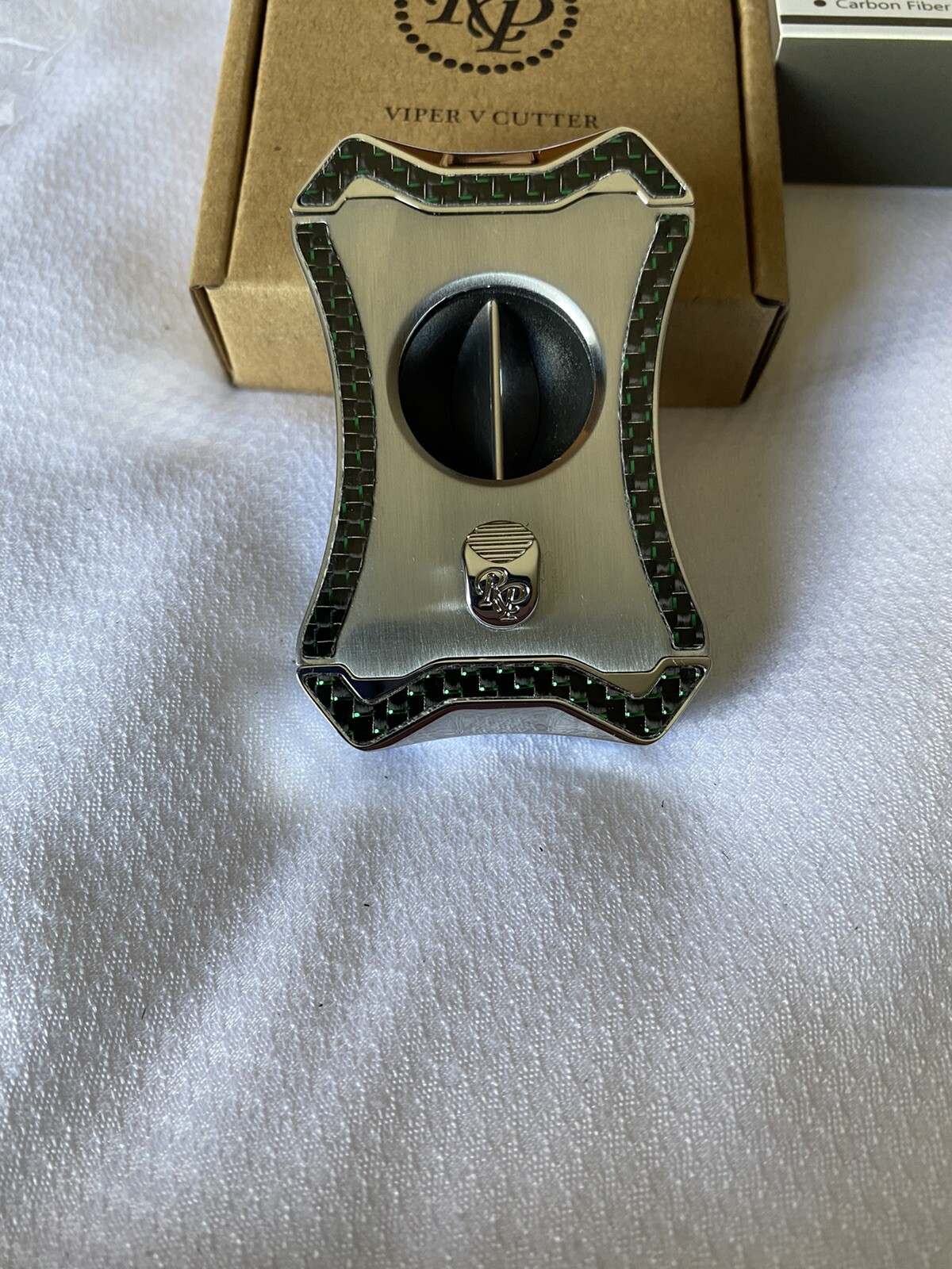 Rocky Patel Viper V-Cut Cigar Cutter – Silver and Green Carbon Fiber – New