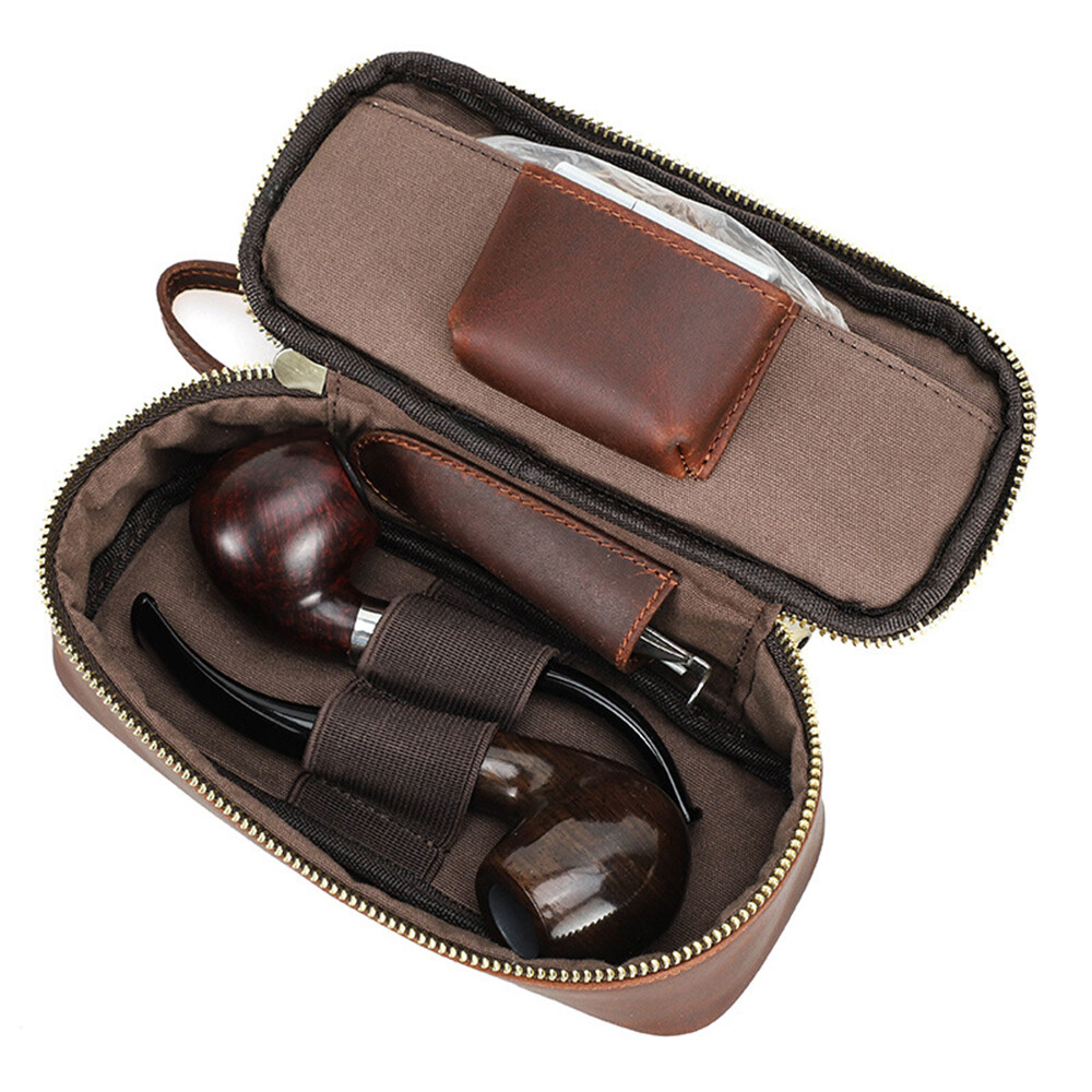 Genuine Leather Tobacco Smoking Pipe Case Lighter Bag Portable 2 Pipes Pouch Bag