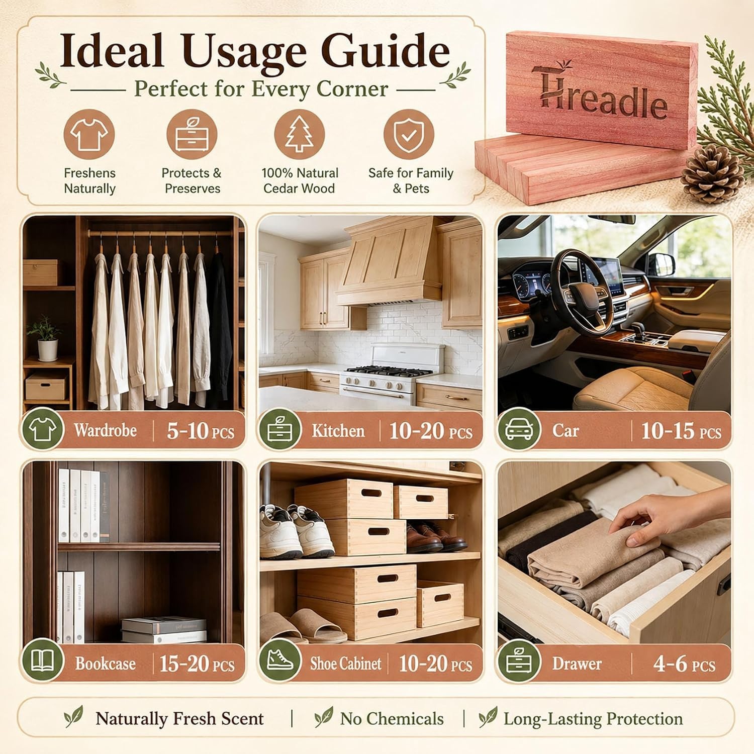 100% Natural Red Cedar Blocks for Clothes Storage, 20 PCS Drawer Freshener, C…