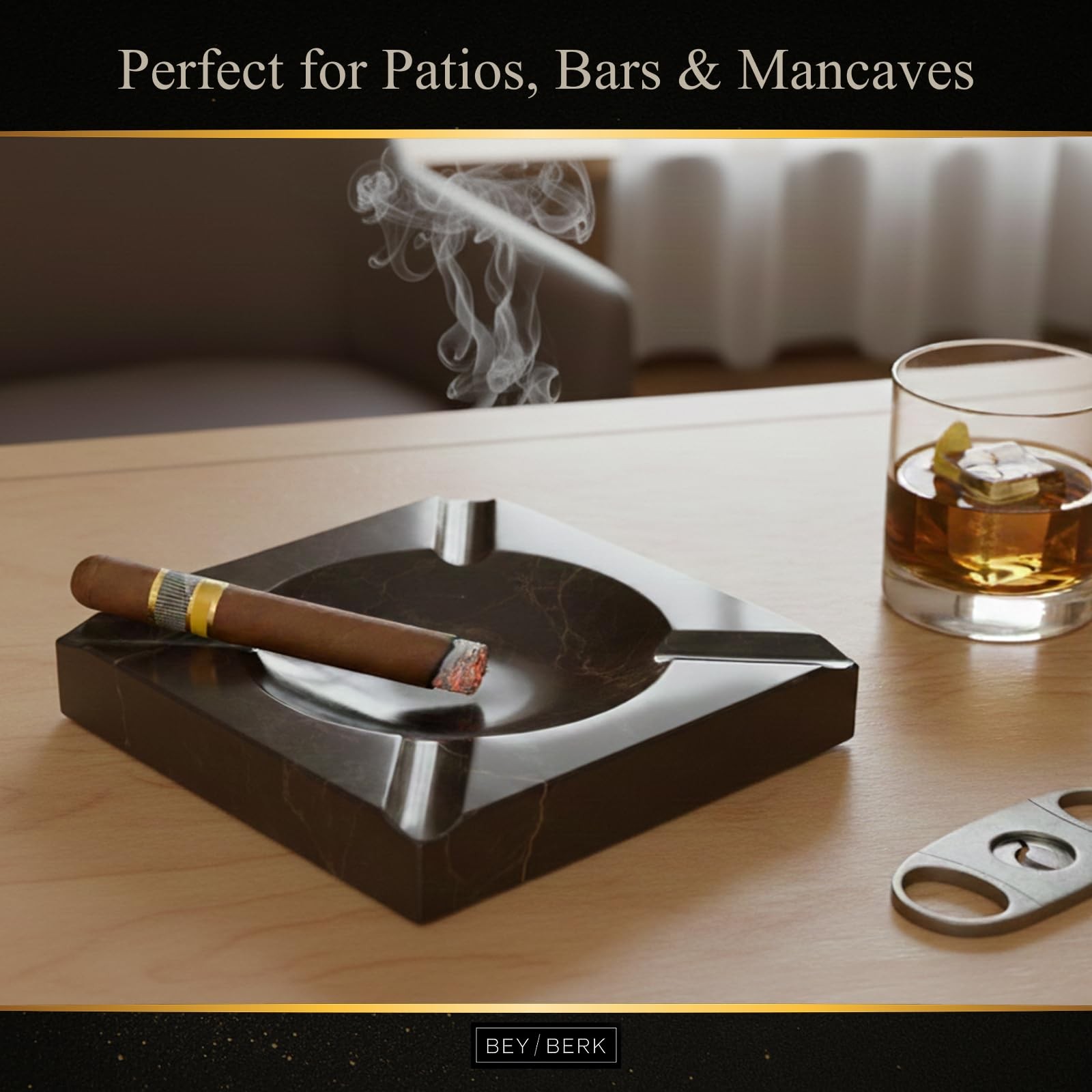 Bey-Berk Amber Emperador Marble Four Cigar Ashtray, 7″ Square Genuine Brown S…