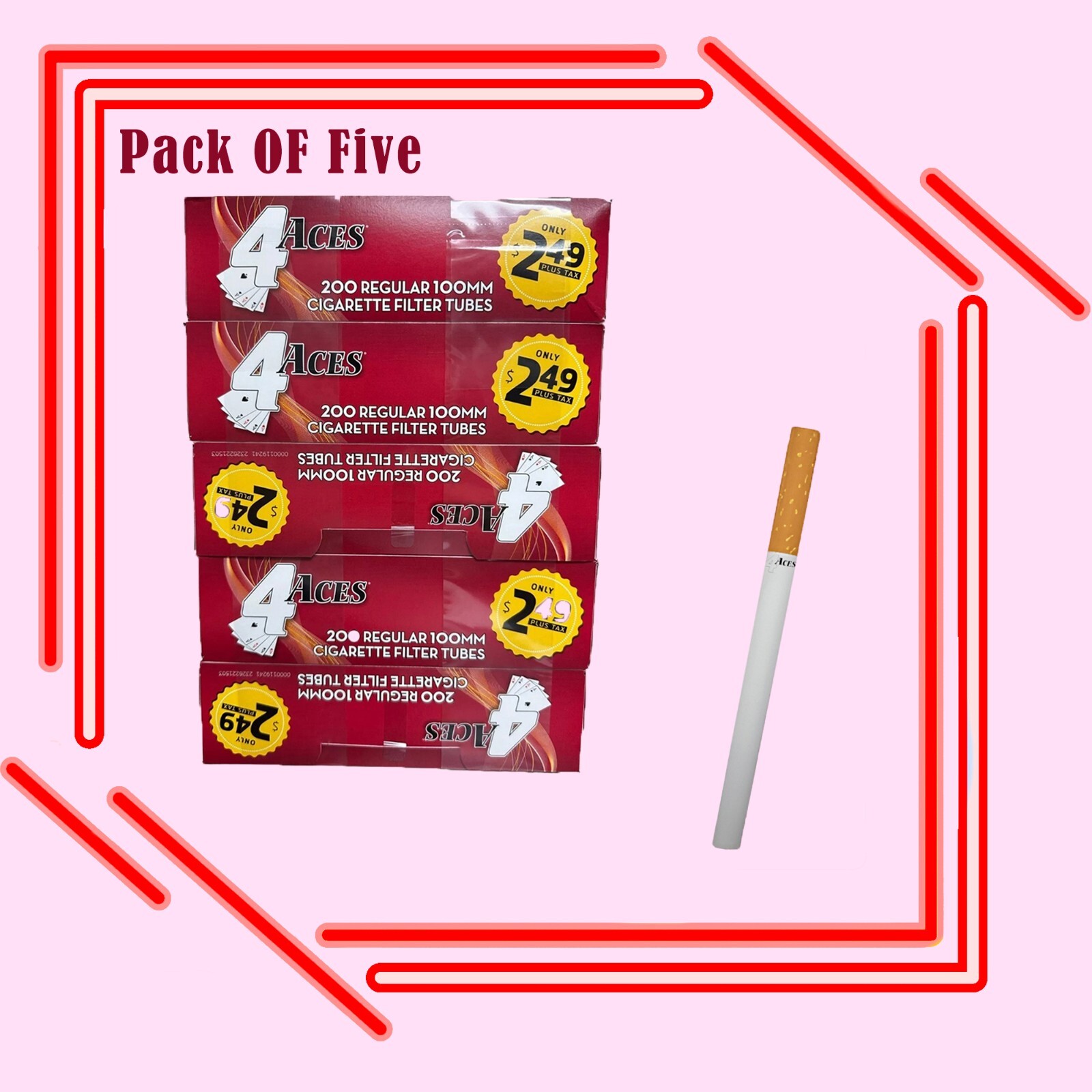 4 Aces Red 100s Pre-Rolled Unbleached Classic Cigarette 200ct Tubes- 5 Pack