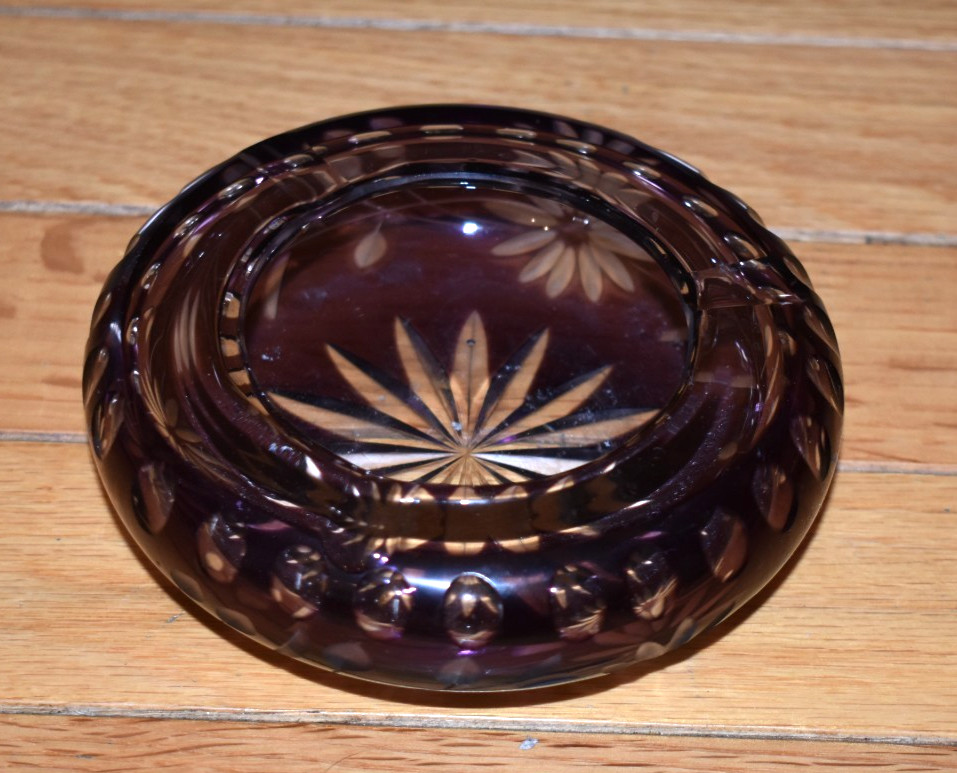 Vintage Amethyst Purple Clear Cut Crystal Glass Ashtry – Excellent Clean
