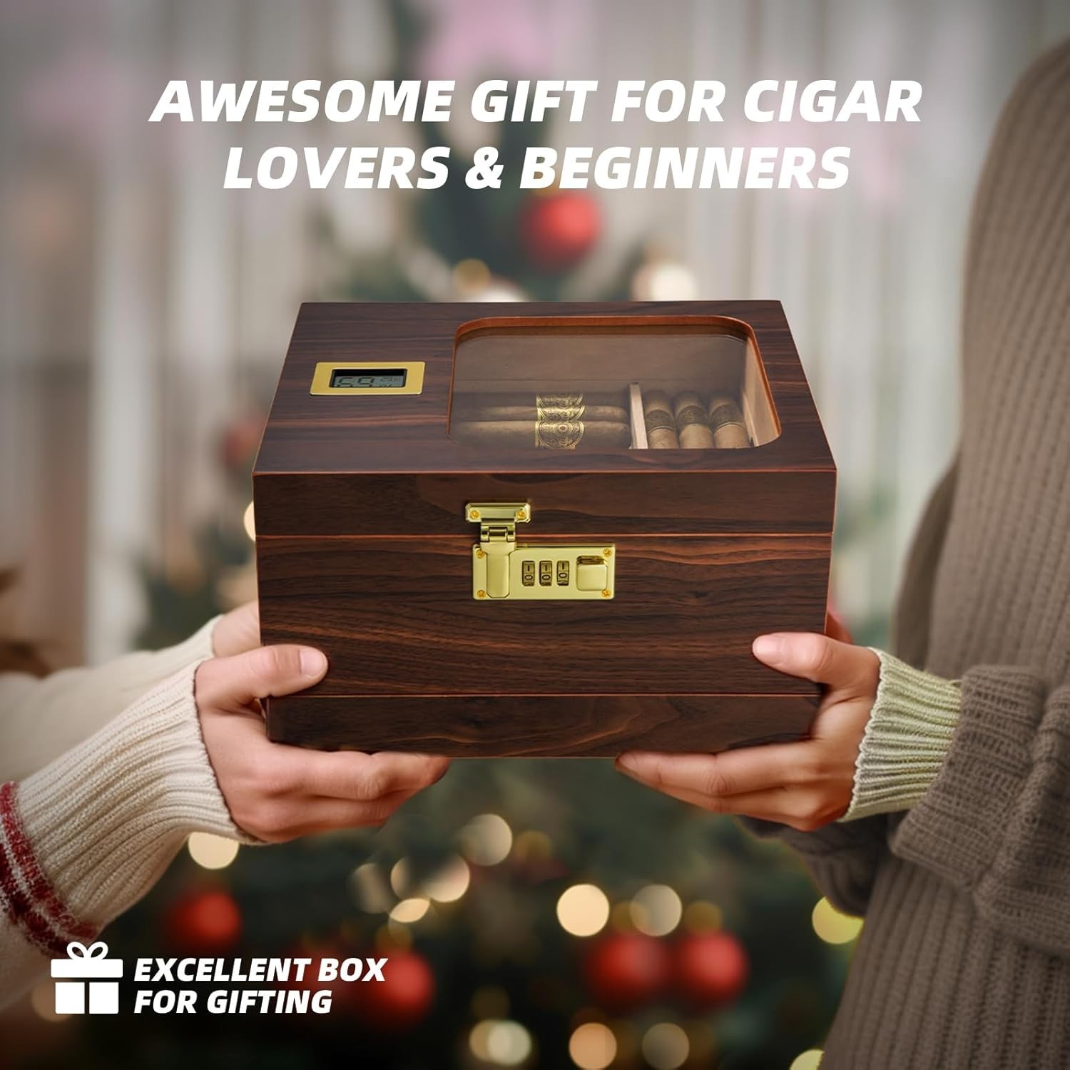 Cigar Humidor, Handcrafted Cedar Cigar Box, Glass Top Desktop Humidor with Digit