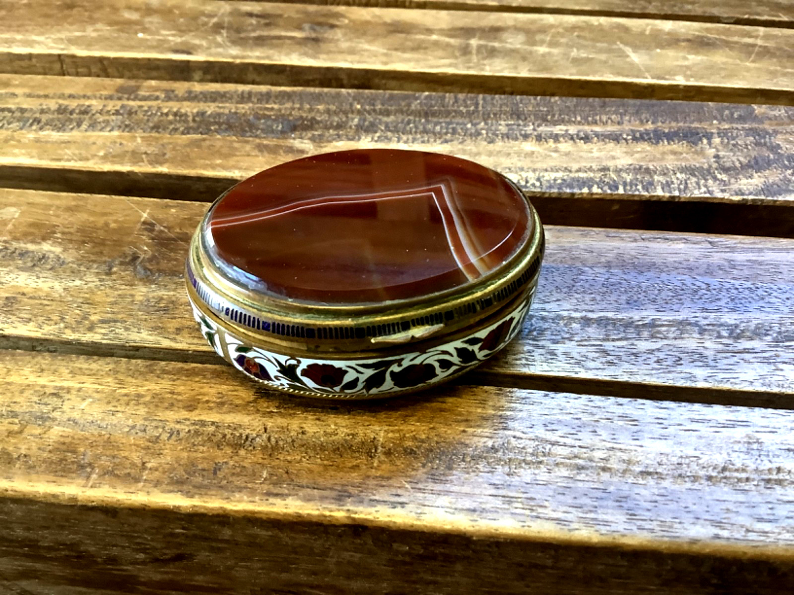 1880s Antique French Gilt Metal Champleve Enamel & Agate Oval Trinket Box