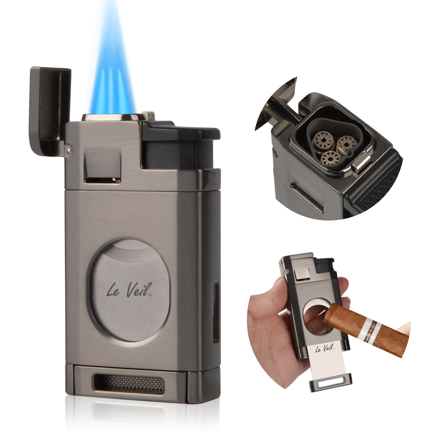 Le Veil 2-1 Lighter with cutter 60R, Gun Metal Color, 3 Jets, New In Box -625003