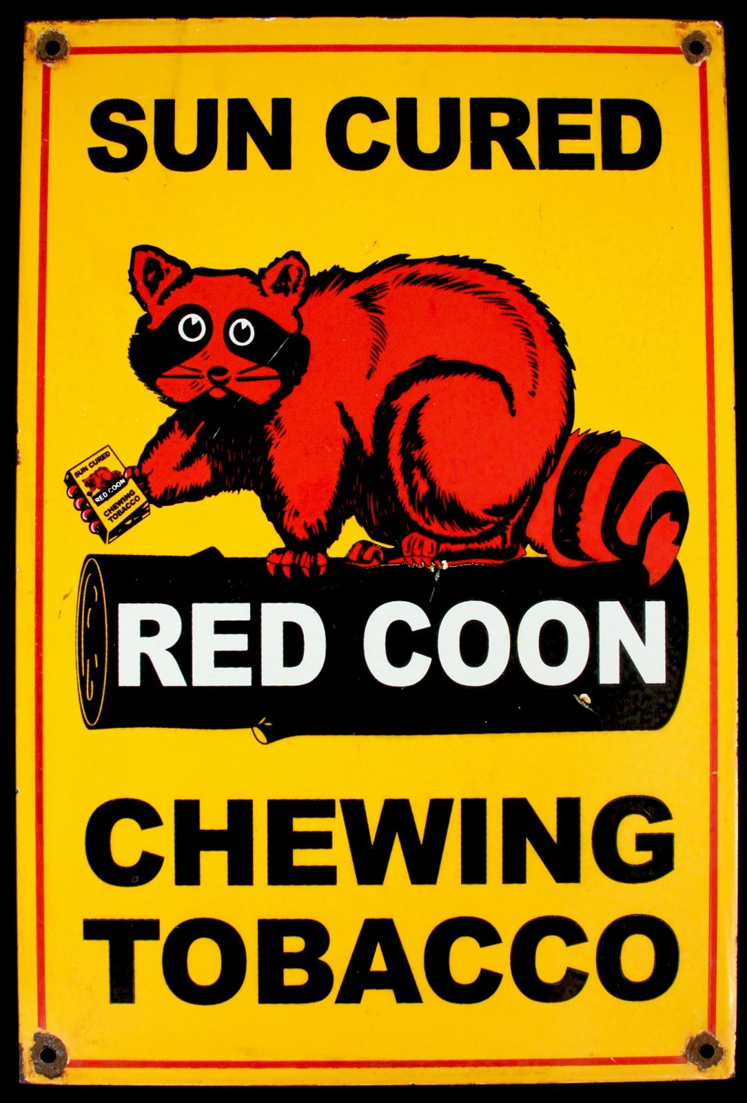 Vintage Red Coon Chewing Tobacco Enamel Metal Porcelain Sign 18″ X 12″ Sun Cured