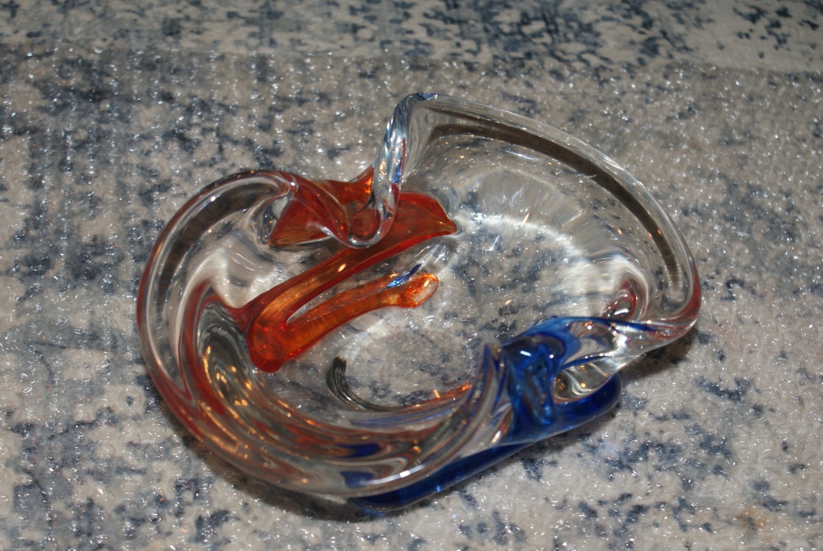 Vintage MCM Art Glass Bowl Ashtray Orange & Blue Murano Style Chalet?