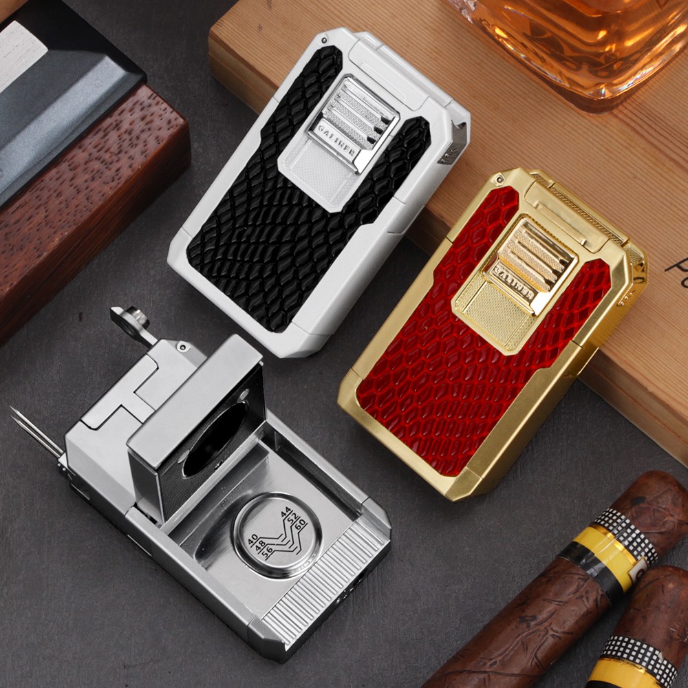 Luxury 2 Jet Torch Cigar Lighter Guillotine Cutter Holder Cigar Punch Refillable