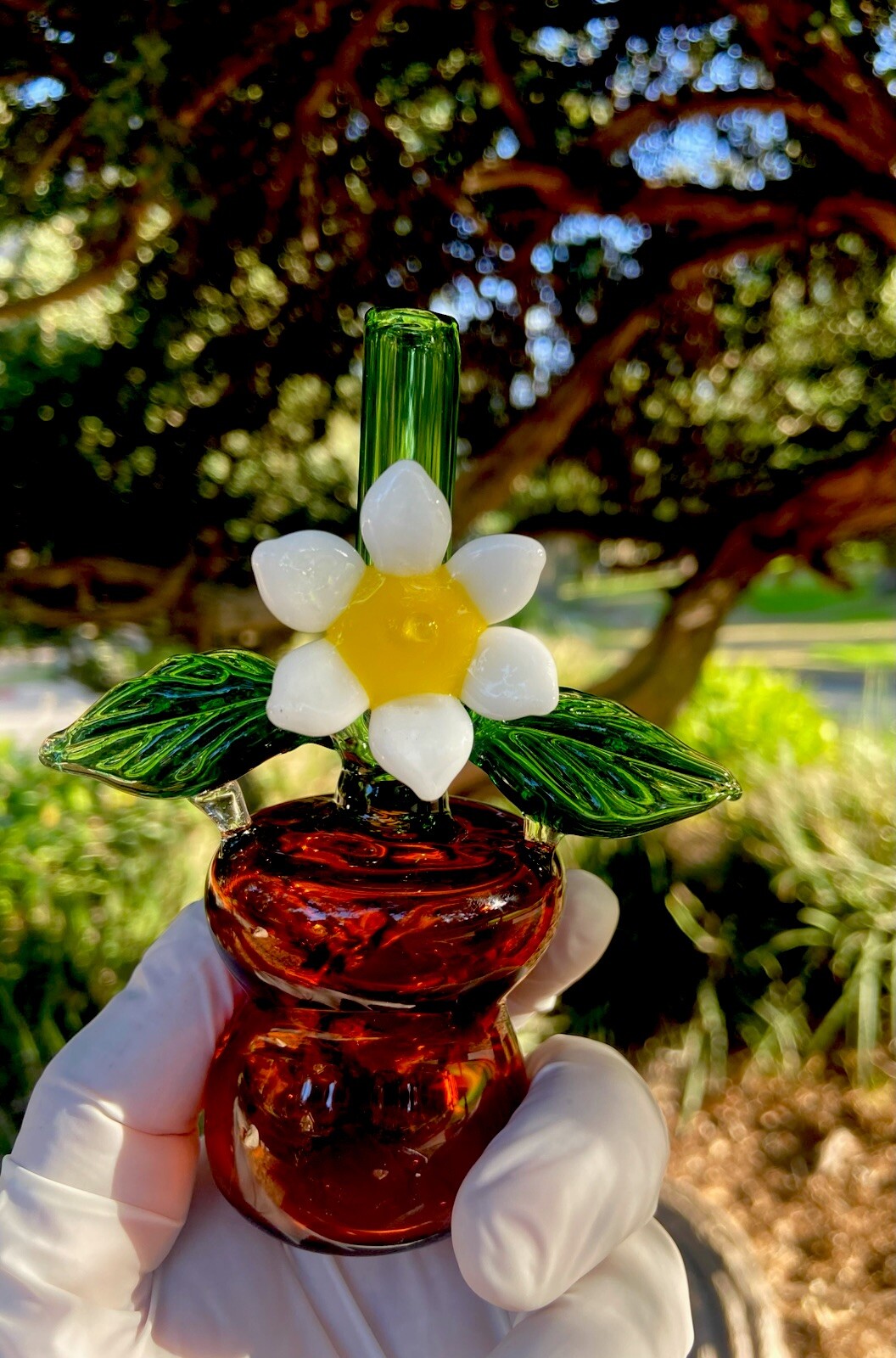 Daisy Flower Glass Pot Pipe, Tobacco Glass Pipe (Handmade)