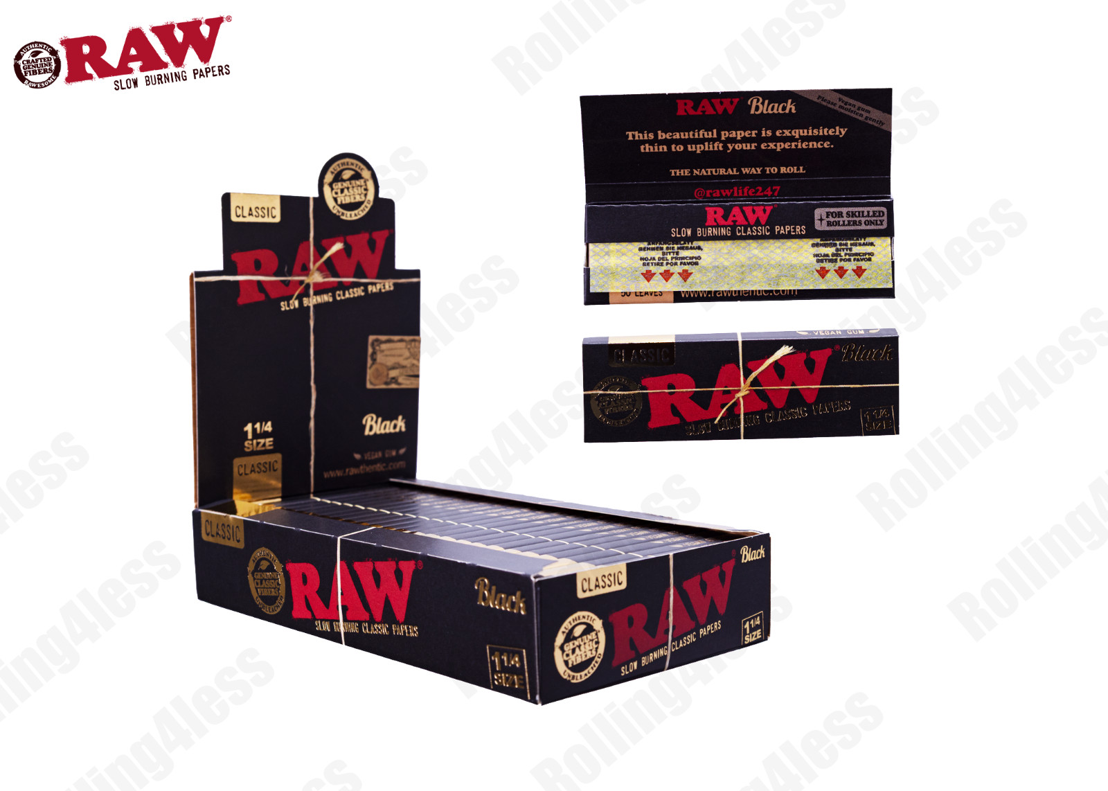 AUTHENTIC Raw Classic Black 1 1/4 Unrefined Rolling Papers 24 Packs