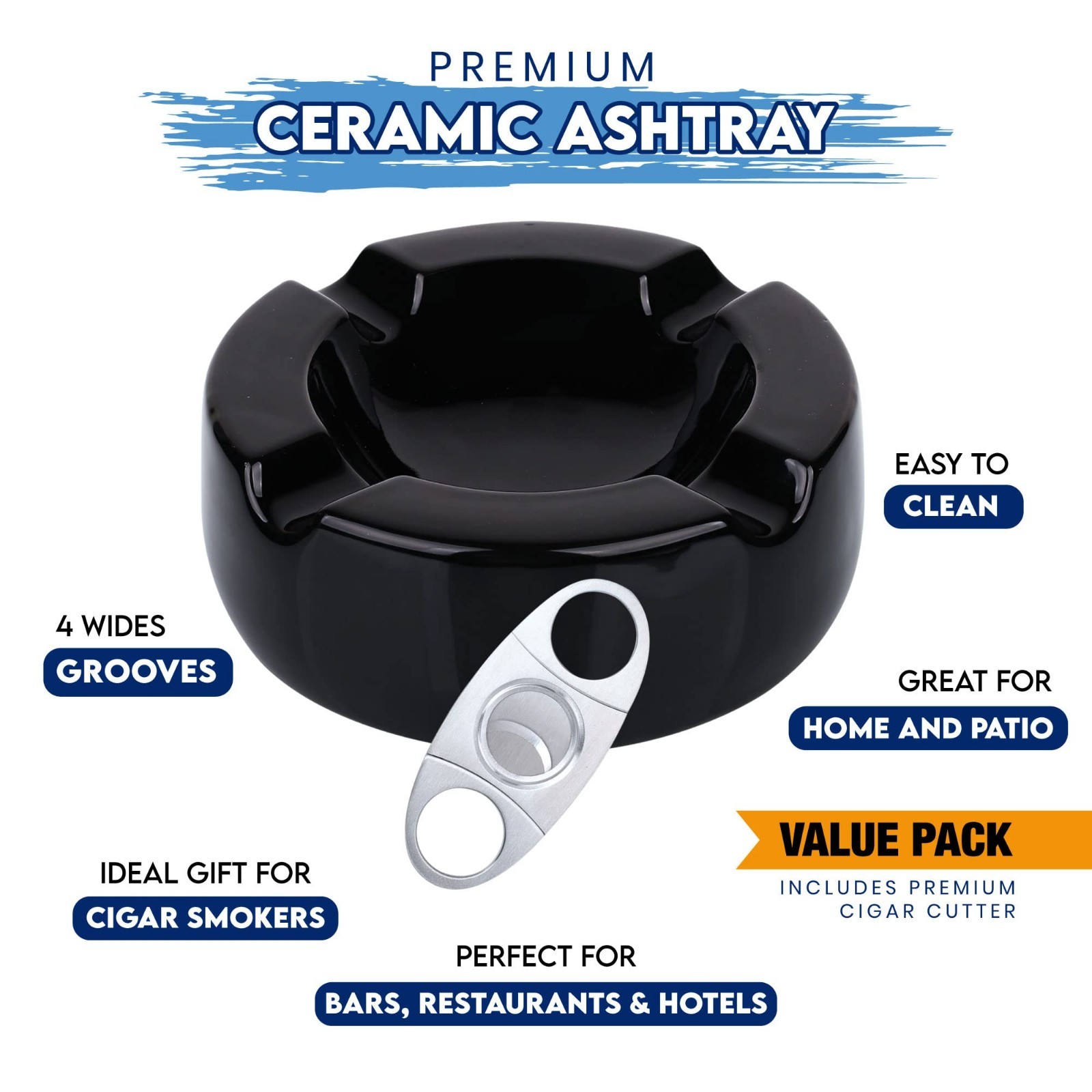 Large 8.5″ Glossy Black Ceramic Cigar Ashtray – Indoor/Outdoor Patio Accessory G