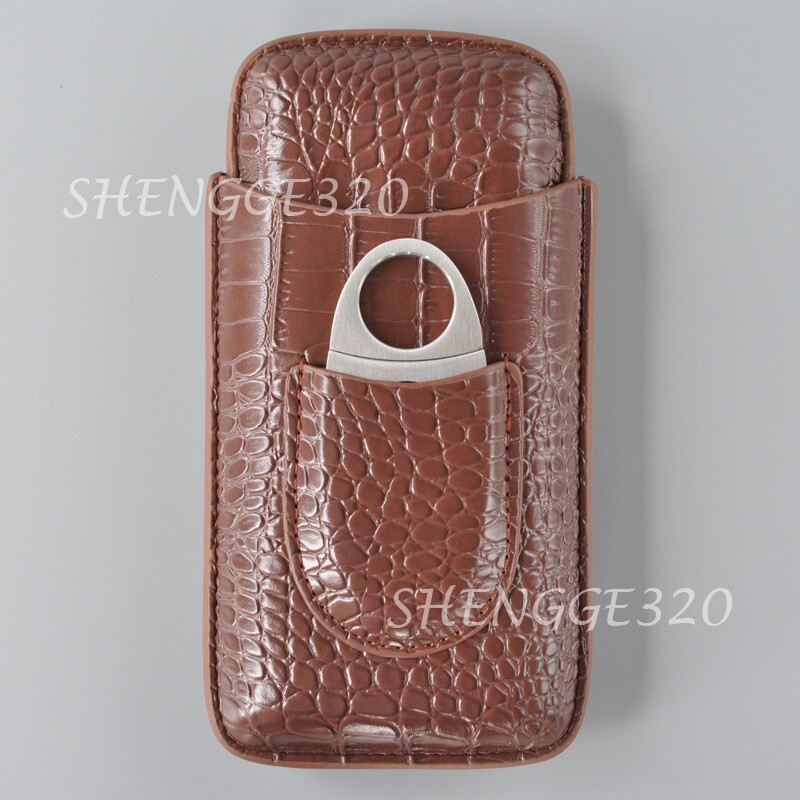 PU Leather Humidor Cigar Travel Case Crocodile Pattern 3 Tubes With Cutter