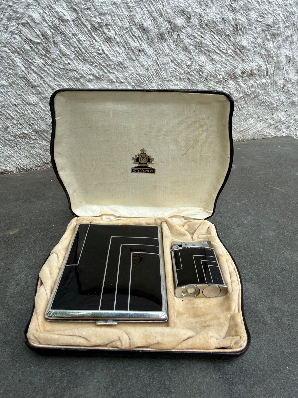 Evan Art Deco Machine Age Cigarette Case Holder Lighter Black Enamel Chrome