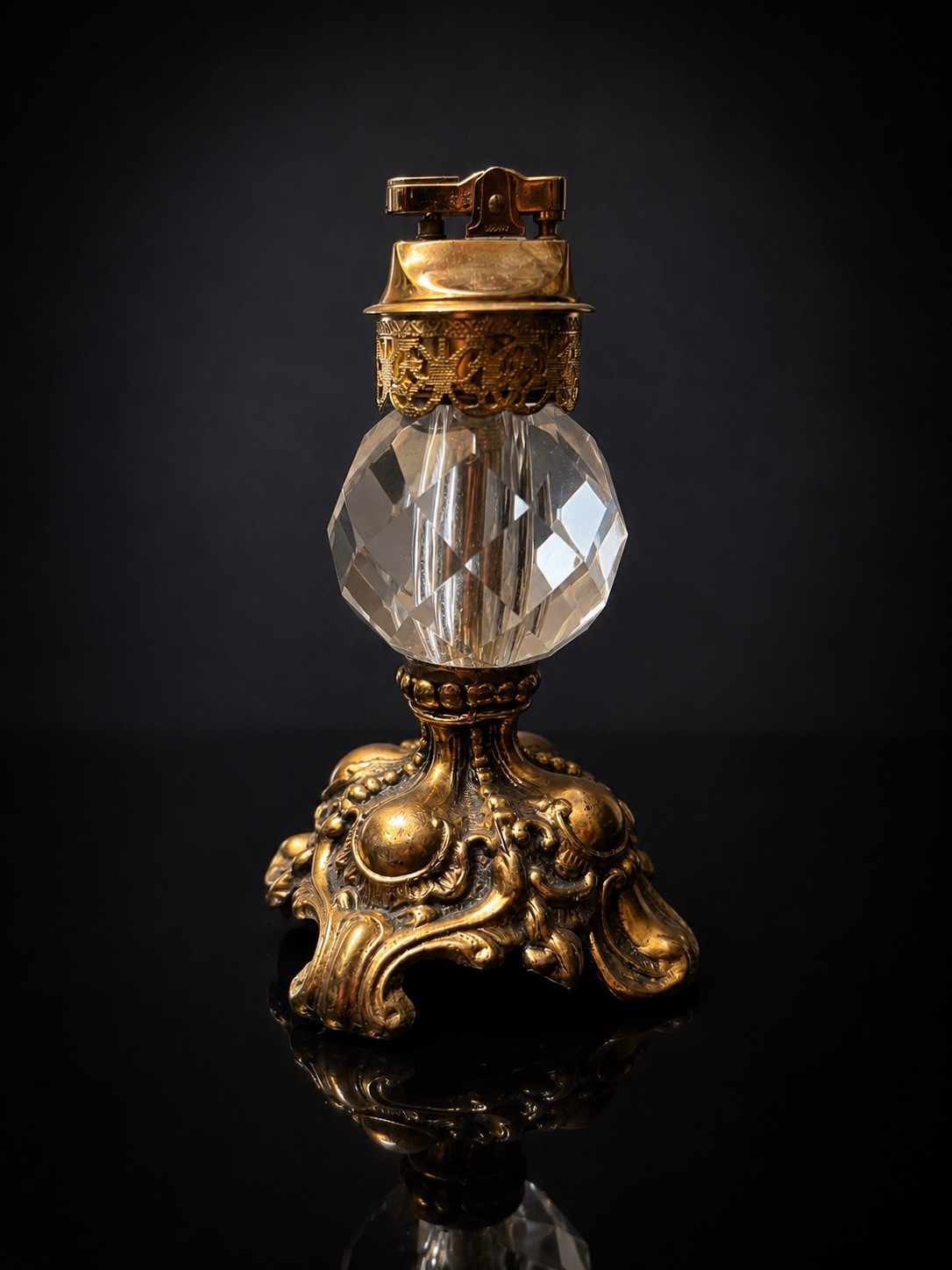 Vintage Cornell Crystal Table Lighter Ornate Gold Tone Footed Desk Lighter