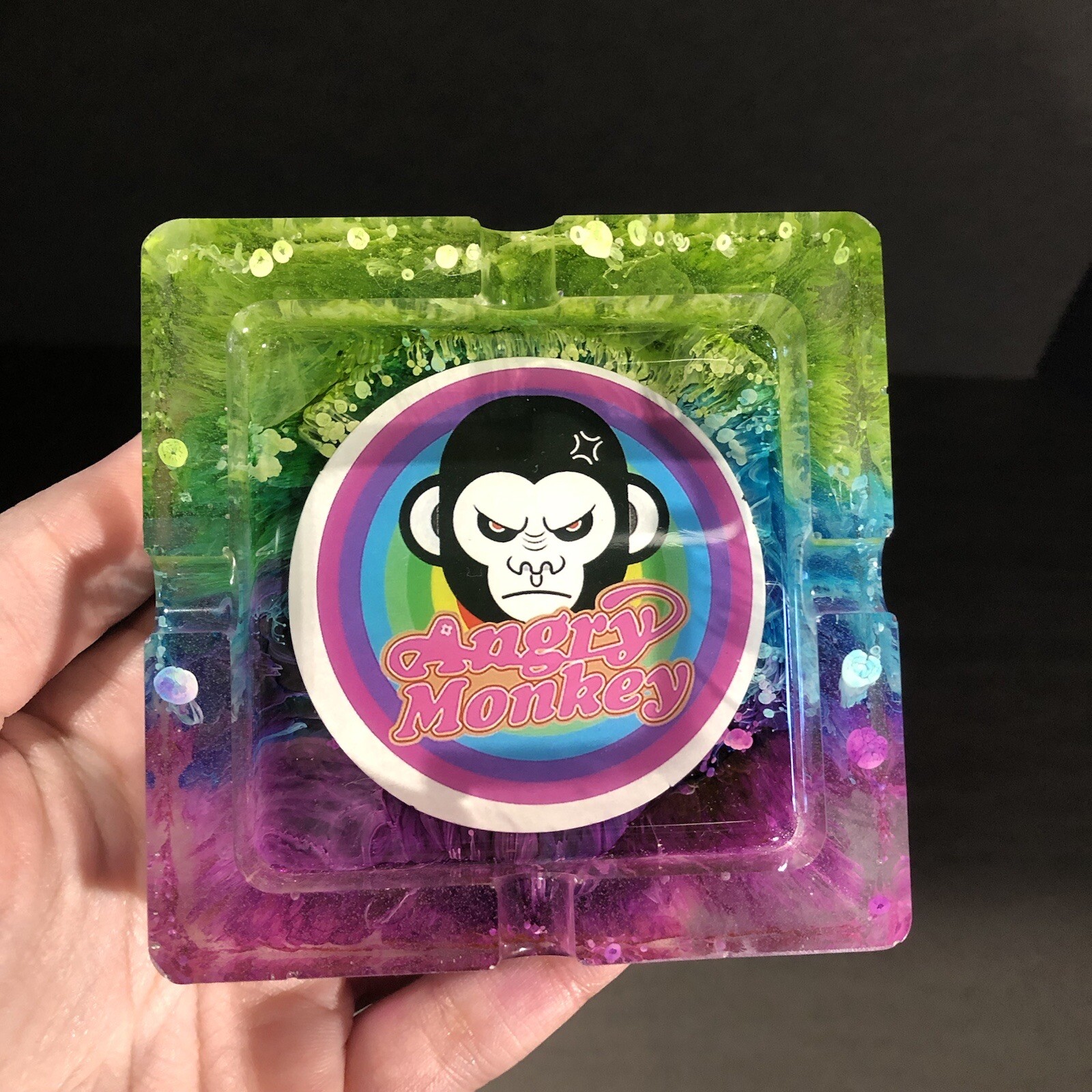 Green Blue And Purple Petri Angry Monkey Resin Small Square Ashtray