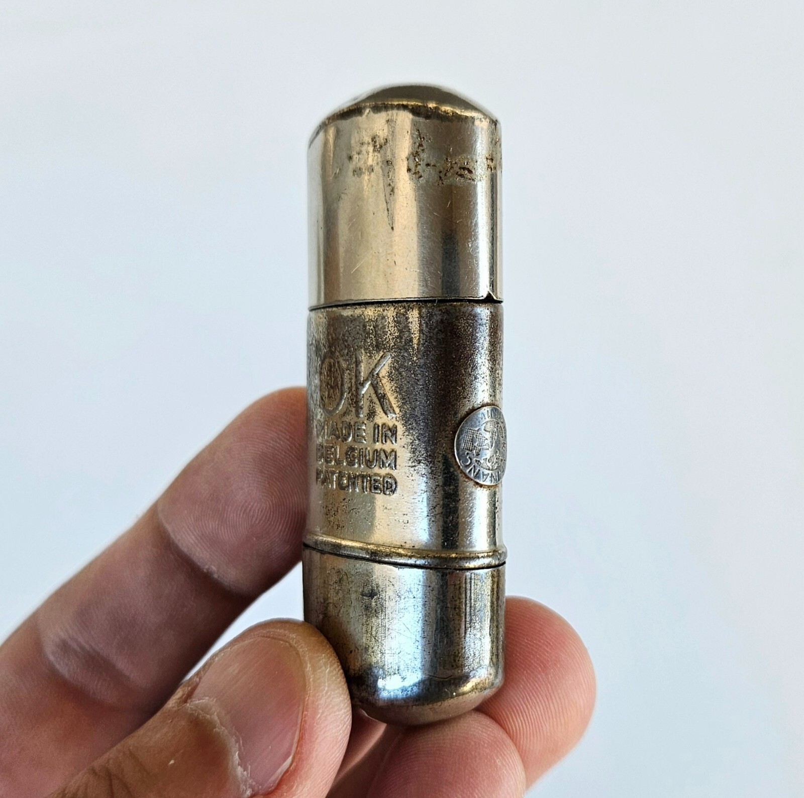 Antique 1930s OK Trench Art Lighter Ministry of Finance Belgium Sterling Logo
