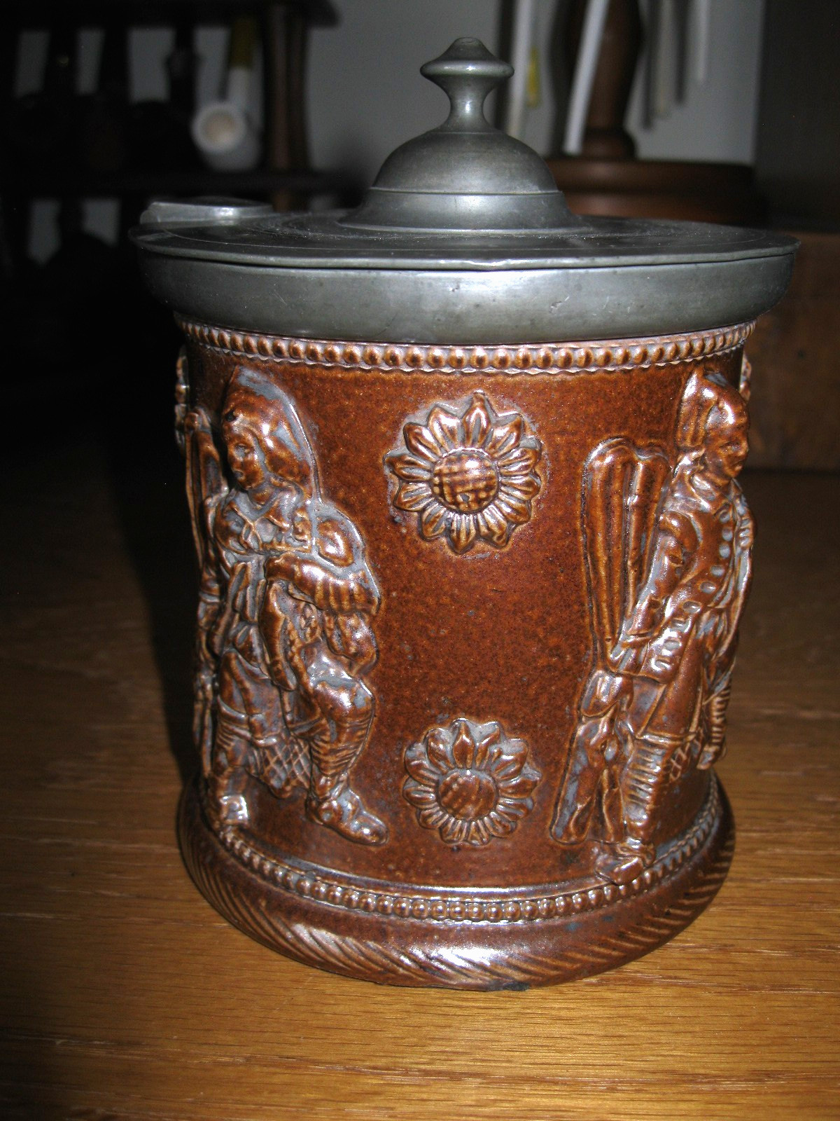 Beauvais Salt Glaze Stoneware Tobacco Jar Figures Pewter Lid France Late 19th C