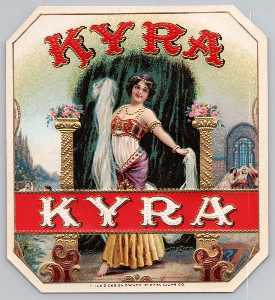 Kyra Vintage Cigar Box Embossed Labels Lot Of 3. “Bellydancer” 4 1/2 x 5 inches