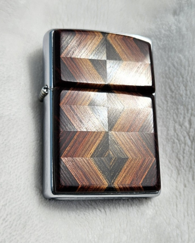 Zippo Lighter 2000 Geometric Art Deco Wood Veneer Plate/Emblem, Brushed Chrome