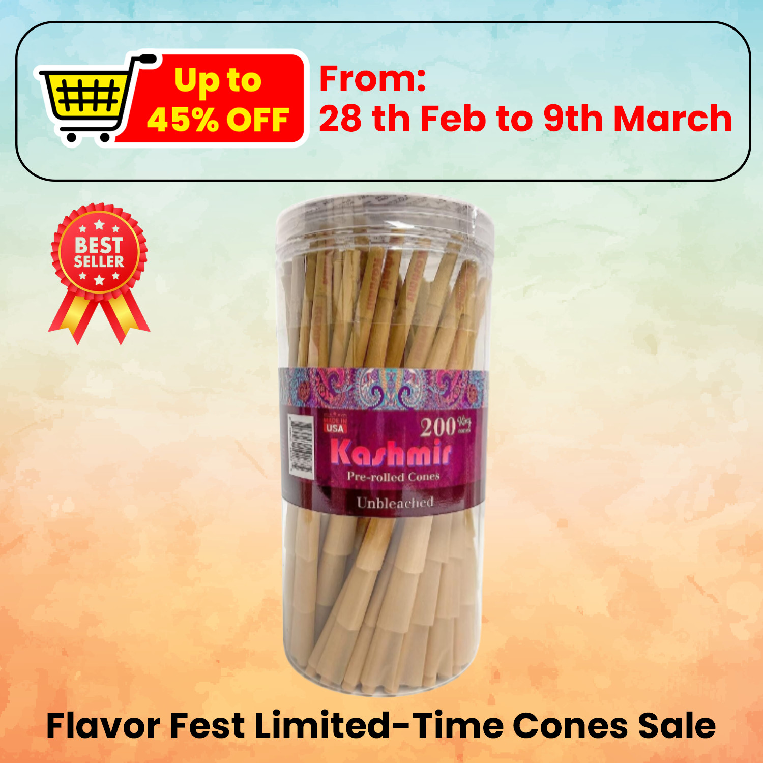 Kashmir Pre Rolled Cones Natural Rolling Papers King Size with Tips 200 Count