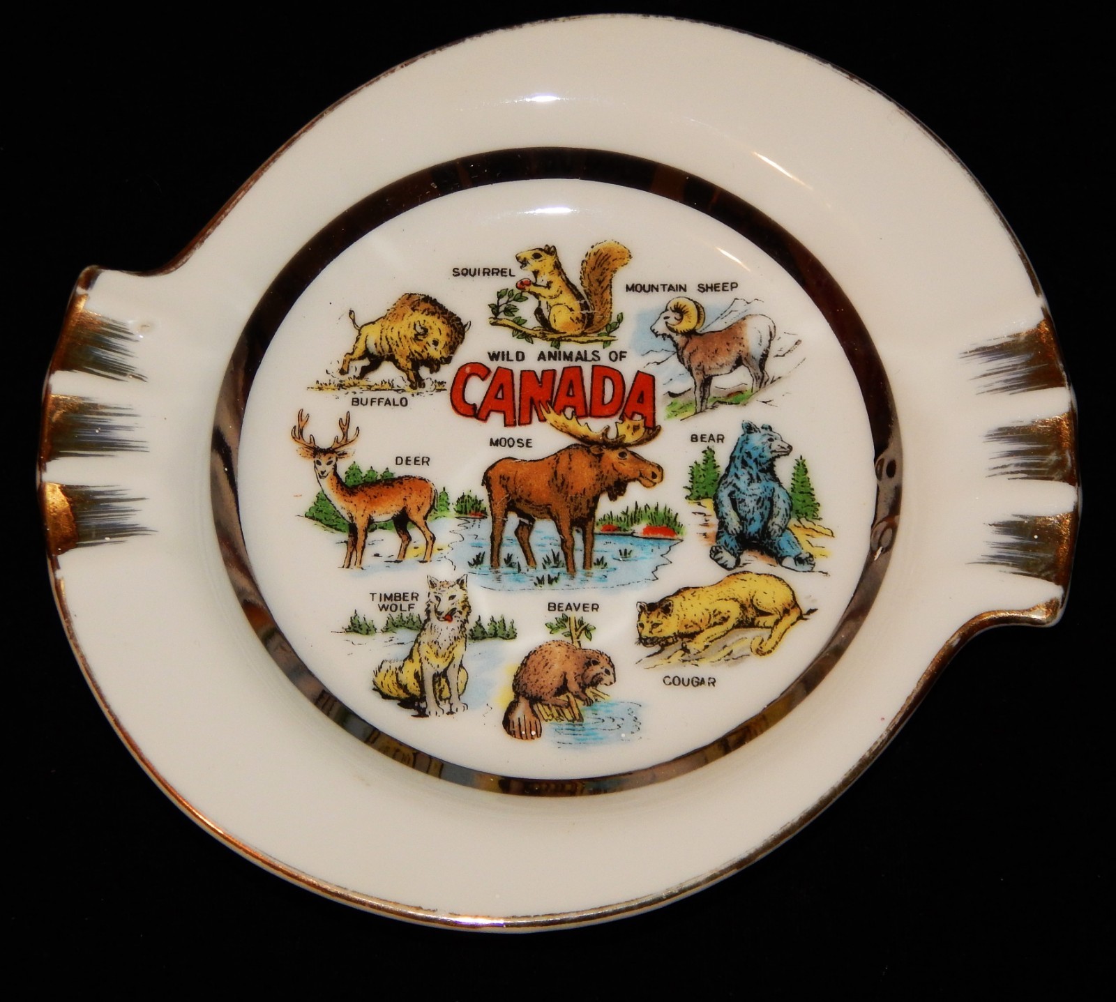 Vintage Ashtray, WILDLIFE OF CANADA BONE CHINA ASHTRAY, 1950’s Japan, Moose,Bear
