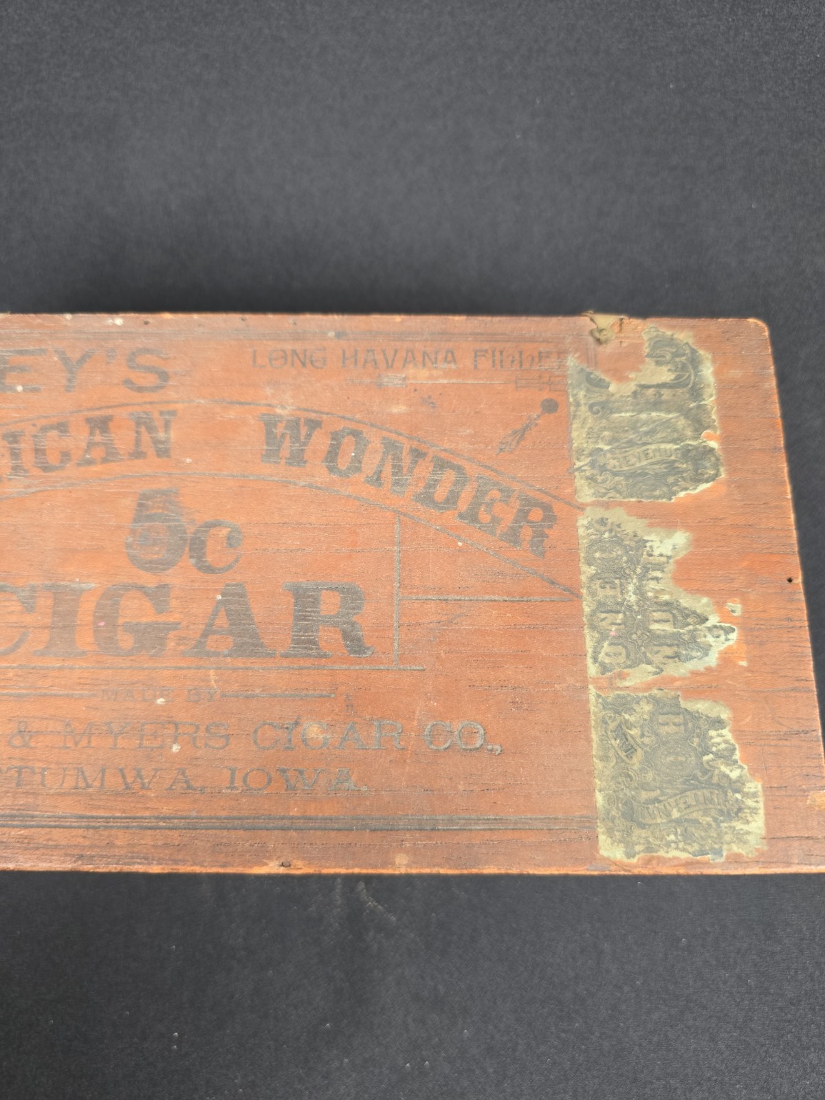 Antique Ottumwa Iowa Wooden Cigar 5c Box Morey’s American Wonder Morey & Myers